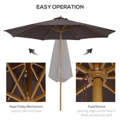 Kozy 3(m) Garden Parasol, Pulley Operated Patio Umbrella, Wooden Parasol, Table Market Umbrella with Rope Pulley Mechanism and 8 Ribs, Coffee