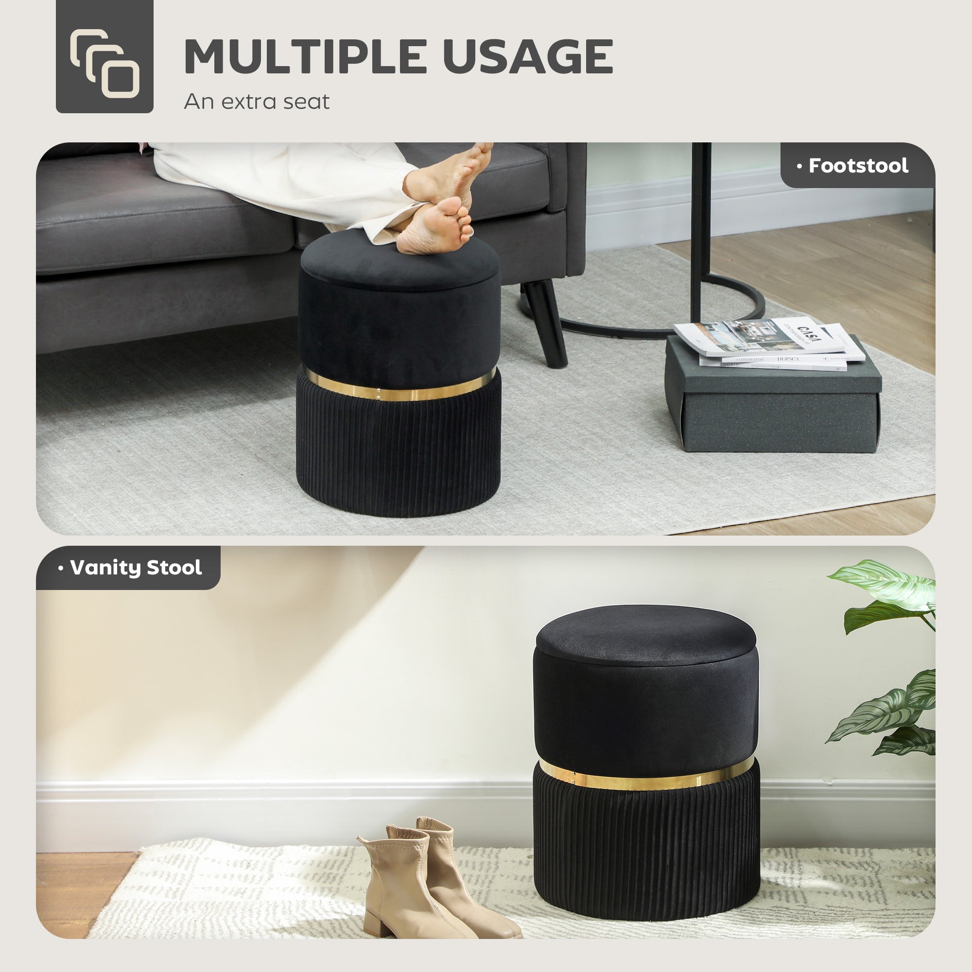 Kozy - Velvet-Feel Storage Ottoman - Black
