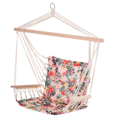 Outsunny Garden Outdoor Hanging Hammock Chair Thick Rope Frame Wooden Arms Safe Wide Seat Garden Outdoor Spot Stylish Multicoloured floral | Aosom UK
