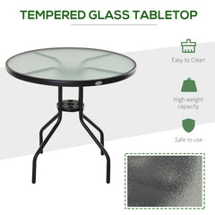 Outsunny Outdoor Dining Table, Round Coffee Table with Parasol Hole, Tempered Glass Top, Garden Side Table, 80cm Diameter