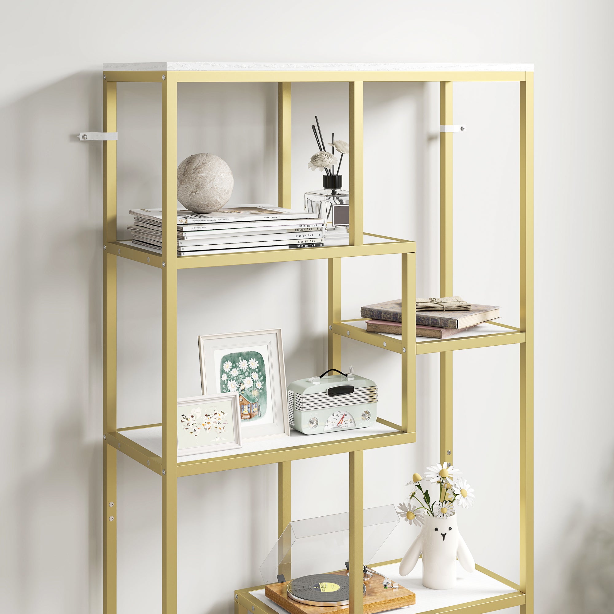 Kozy Seven-Tier Geometric Bookcase - White/Gold Tone