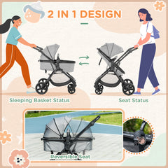 HOMCOM Pushchair 2 in 1, Lightweight Reversible Seat Stroller, Foldable & Fully Reclining for Newborn to 3 Years with 5-Point Harness, Grey