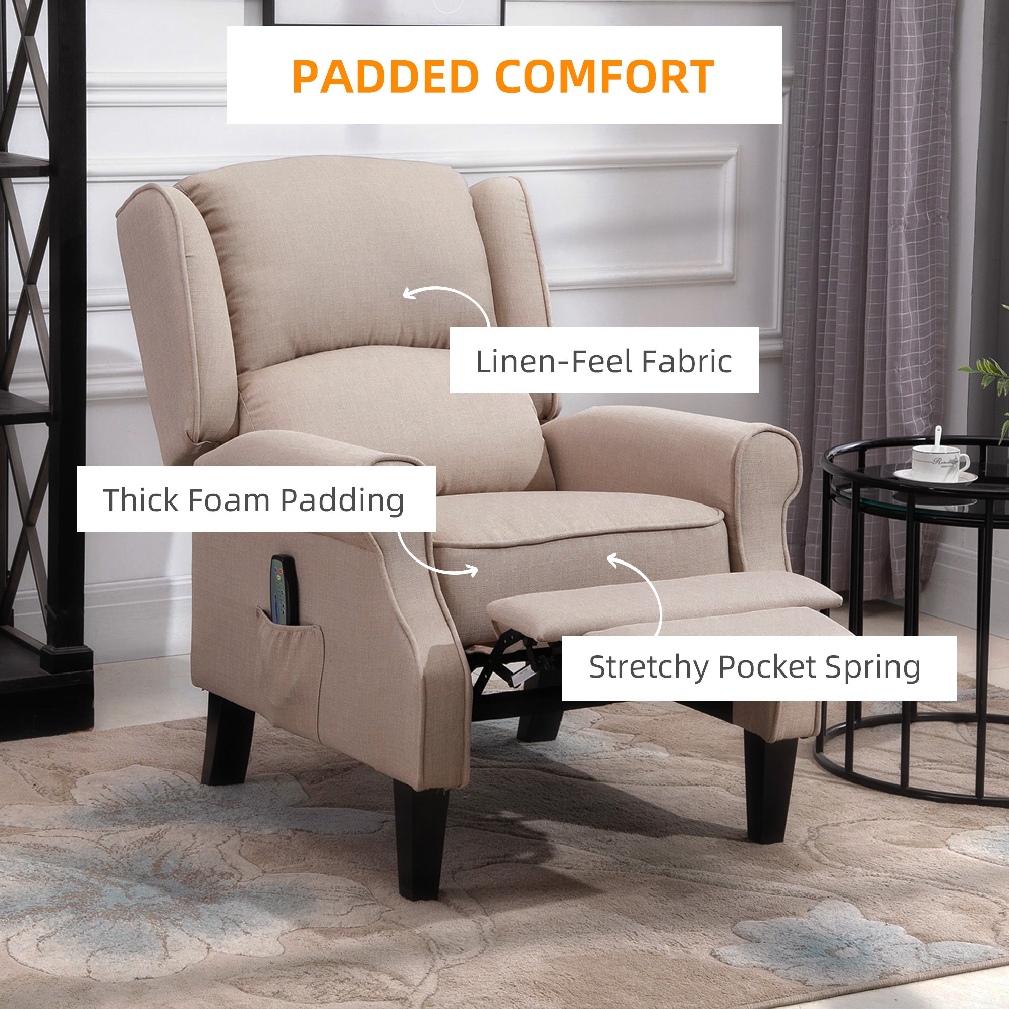 Kozy Heated Massage Reclining Armchair Thick Sponge Padded Linen Upholstery Metal Wood Frame Home Luxury Relaxation Beige