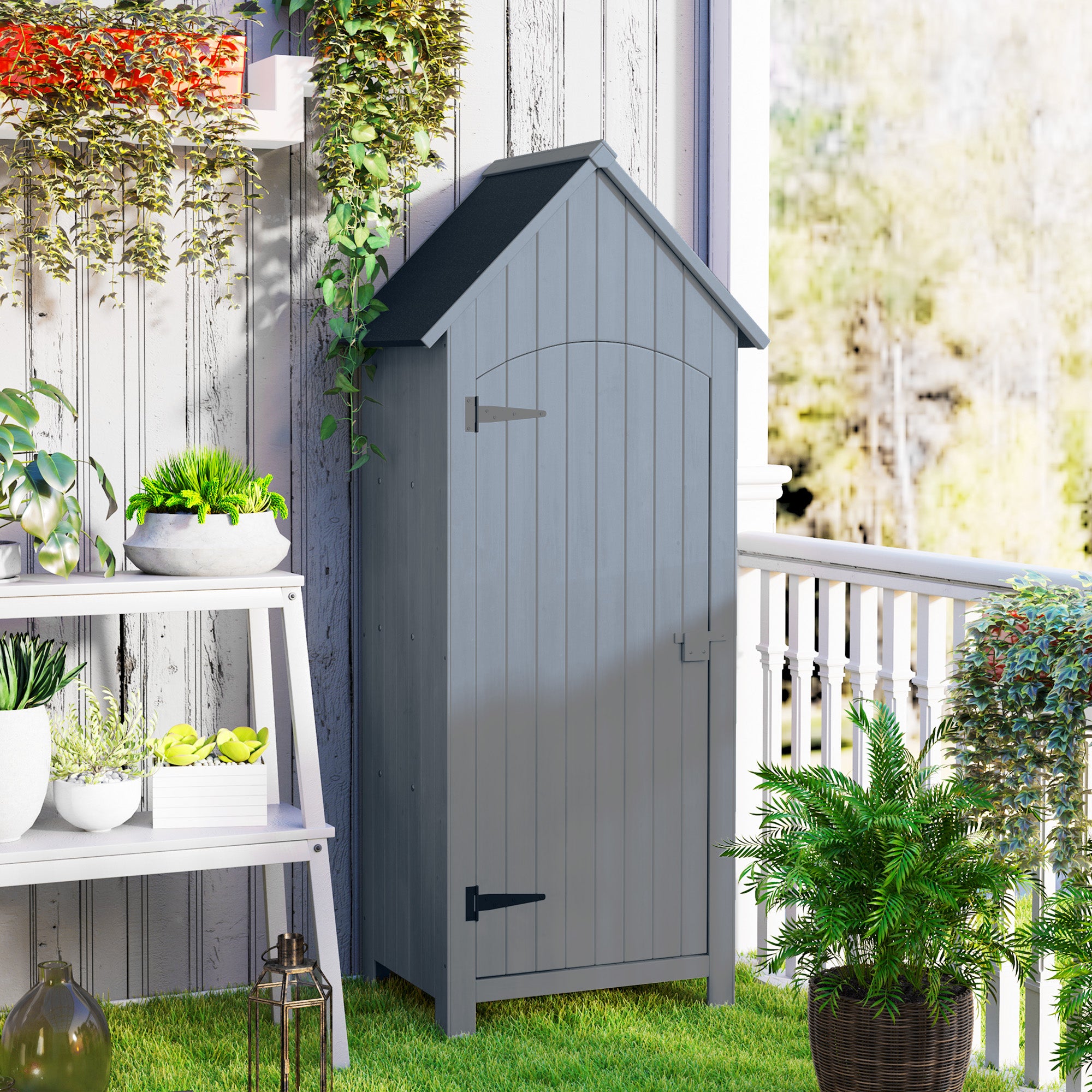 Kozy Wooden Garden Storage Shed with 3 Shelves, Outdoor Tool Storage Cabinet with Tilt Roof and Lockable Door, 77.5 x 54.2 x 179.5 cm, Grey