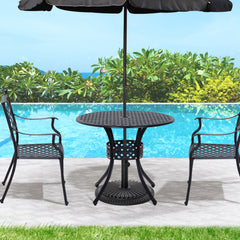 Kozy 85cm Round Garden Table with Umbrella Hole, Aluminium Grid Motif Outdoor Dining Table for Garden Patio, Black