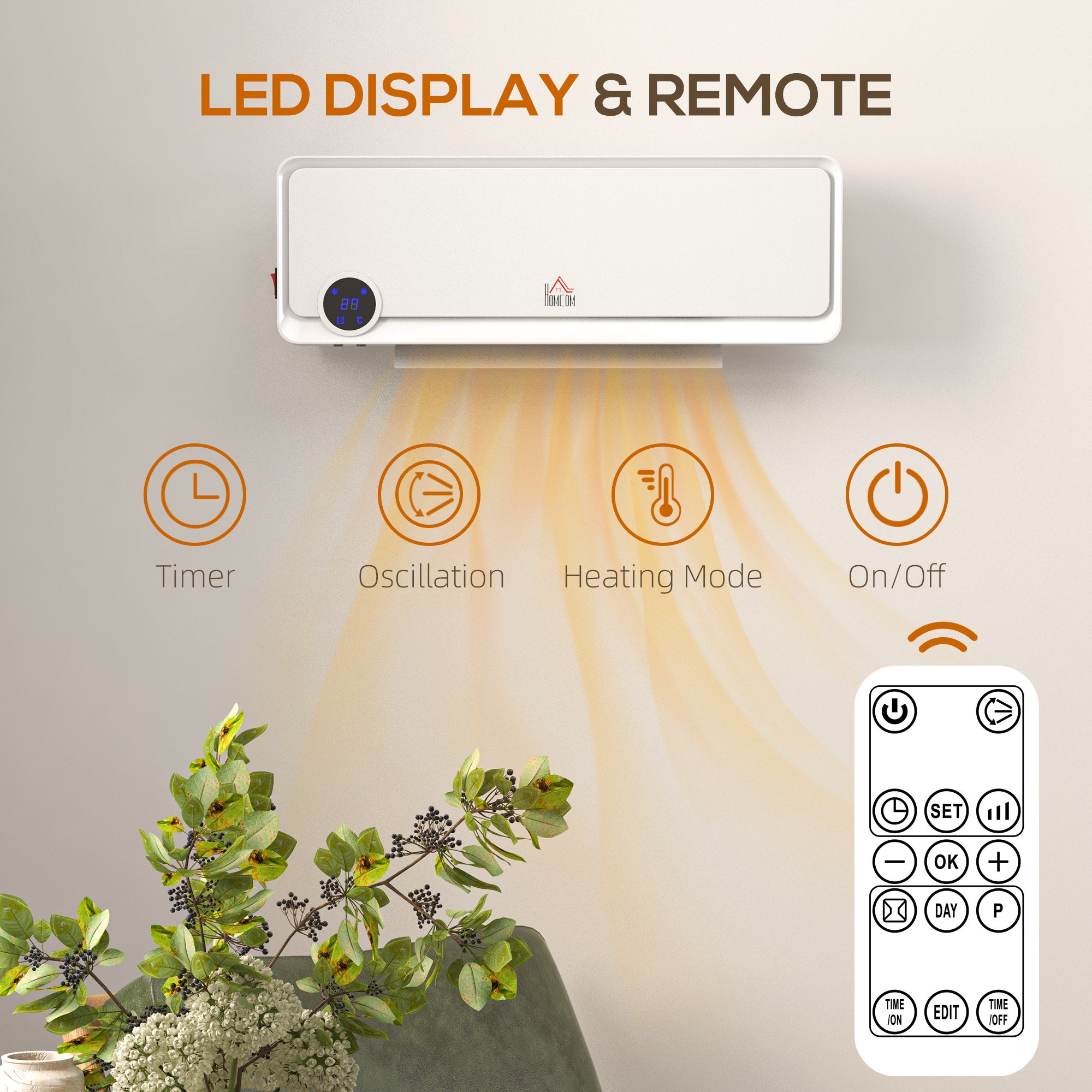 Kozy - Wall Downflow Heater 2 Heat and Fan 1000W/2000W, Electric Space Heater with Timer Remote Oscillating, for Bedroom Home Office, White