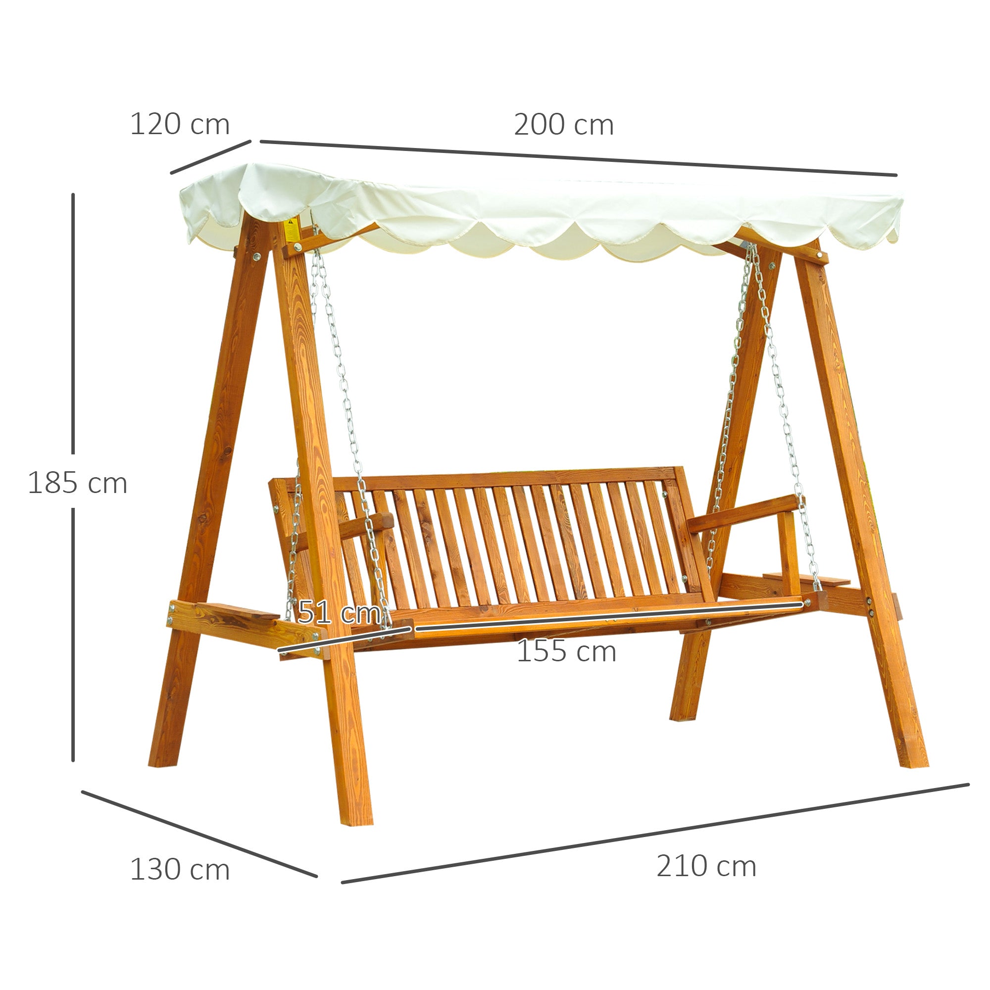 Kozy 3 Seater Garden Swing Seat with Canopy, Wooden Swing Chair, Outdoor Hammock Bench for Balcony Patio Porch, Cream White
