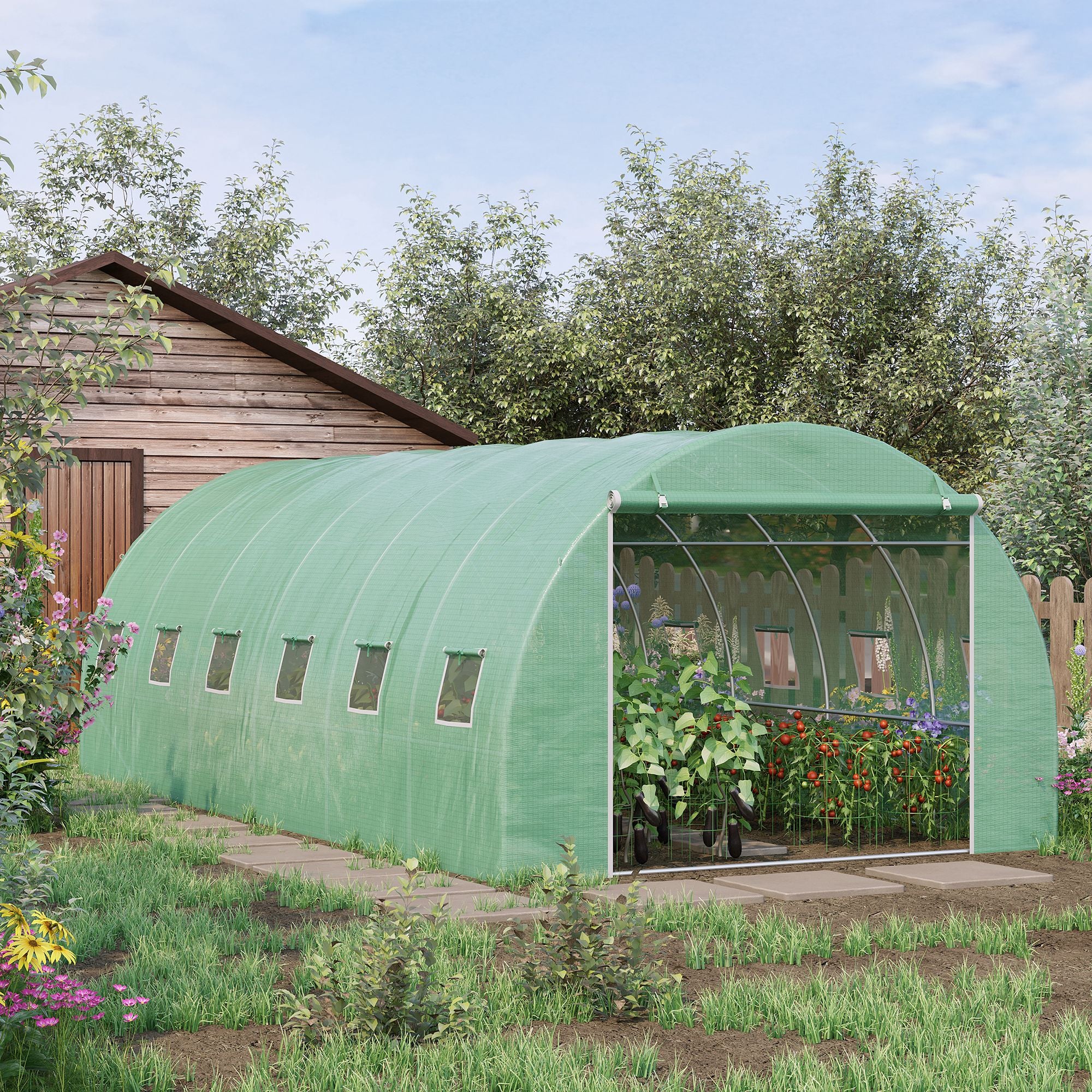 Kozy 6 x 3 x 2 m Polytunnel Greenhouse with Roll-up Door and 12 Mesh Windows, Walk-in Garden Tunnel Warm House Tent with UV-resistant PE Cover and Galvanised Steel Frame, Green