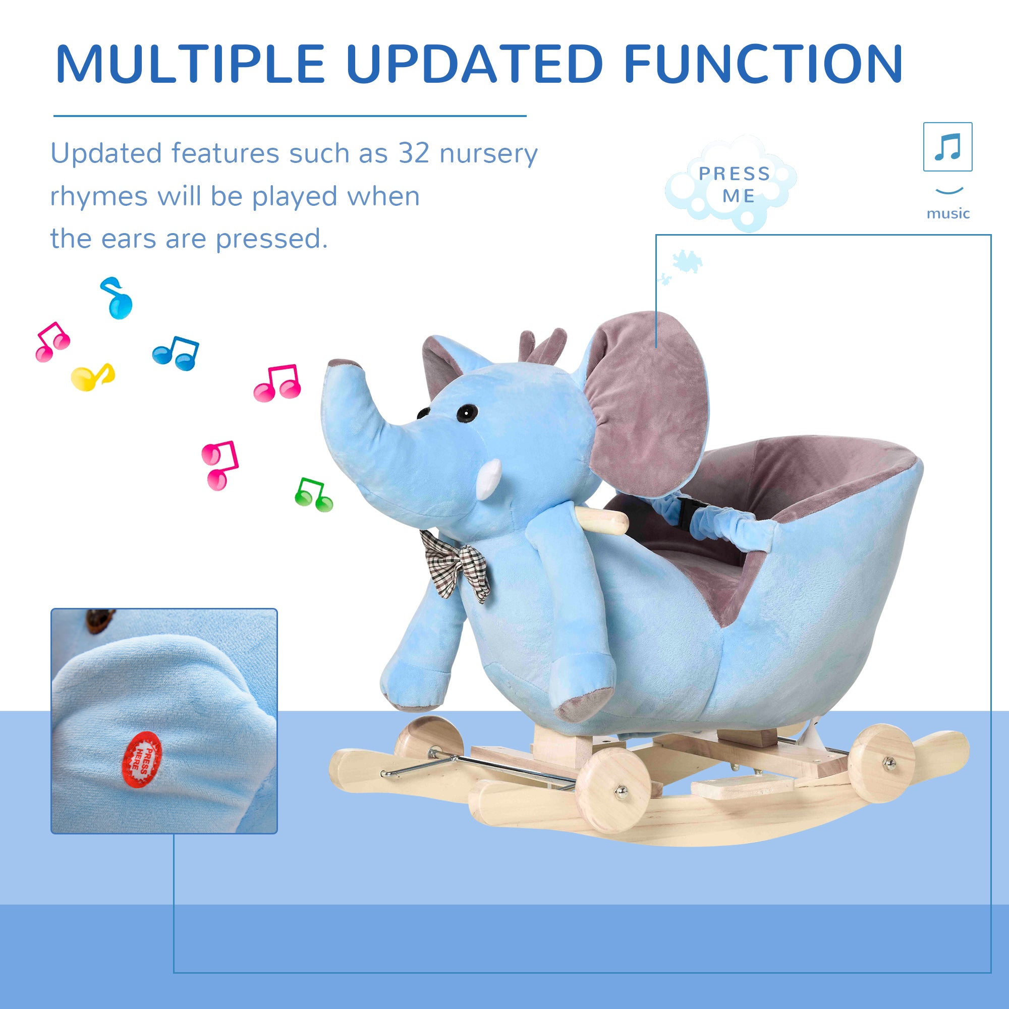 HOMCOM 2 In 1 Plush Baby Ride on Rocking Horse Elephant Rocker with Wheels Wooden Toy for Kids 32 Songs (Blue)