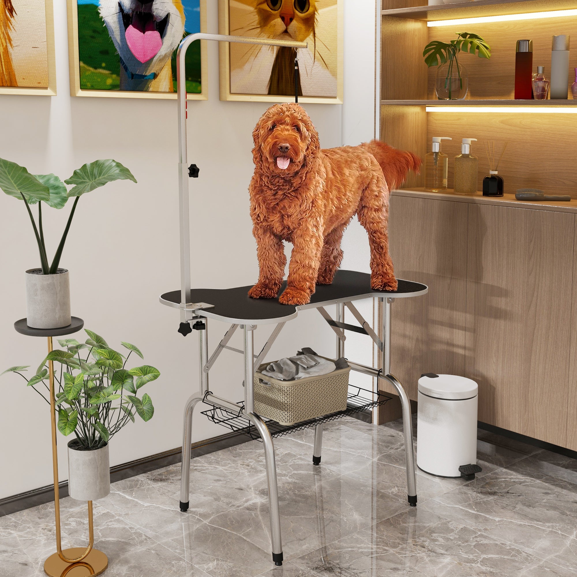 Kozy Foldable Dog Grooming Table Pet Drying Table with Adjustable Arm Non-Slip Rubber Tabletop Aluminium Alloy Edge Stainless Steel Bar Sling 94.5 x 55 x 81cm Black
