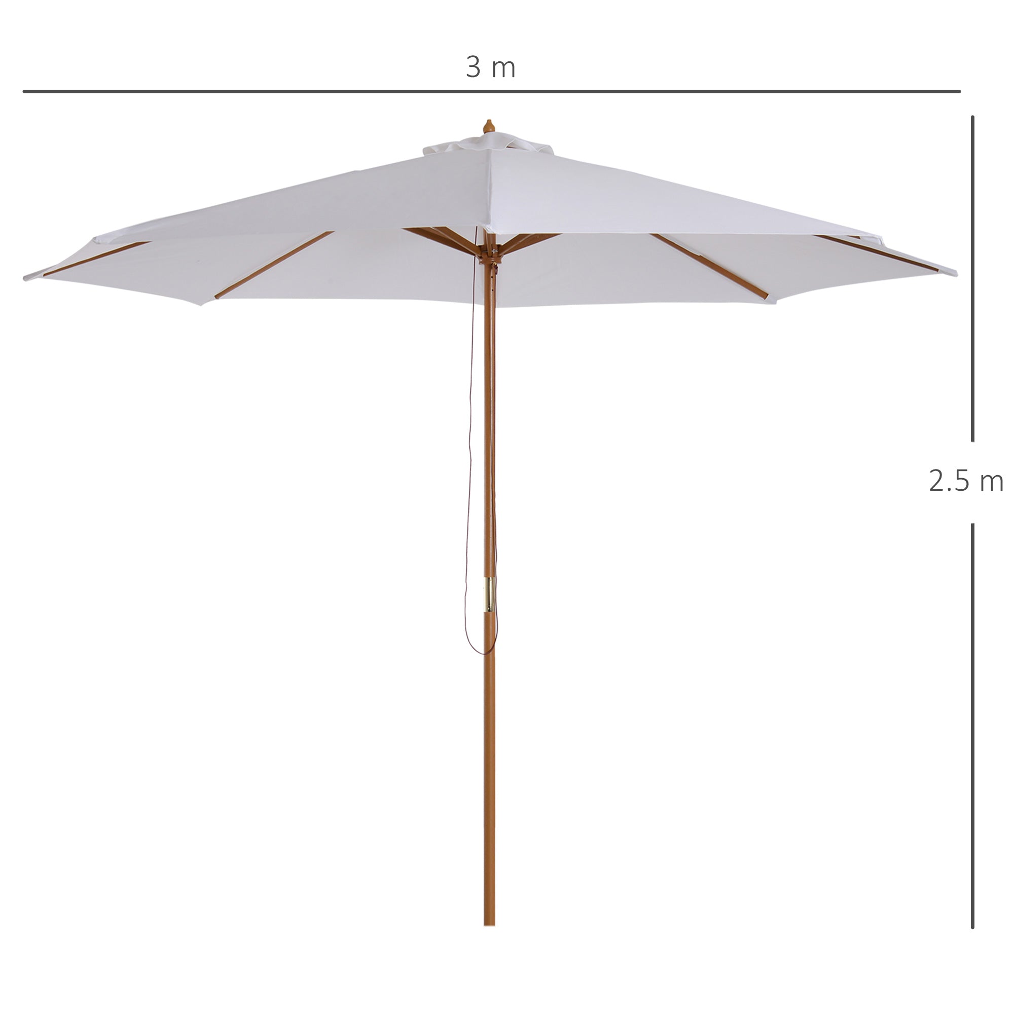Kozy 3(m) Garden Parasol, Pulley Operated Patio Umbrella, Wooden Table Market Umbrella with Rope Pulley Mechanism and 8 Ribs, Cream White