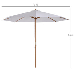 Kozy 3(m) Garden Parasol, Pulley Operated Patio Umbrella, Wooden Table Market Umbrella with Rope Pulley Mechanism and 8 Ribs, Cream White