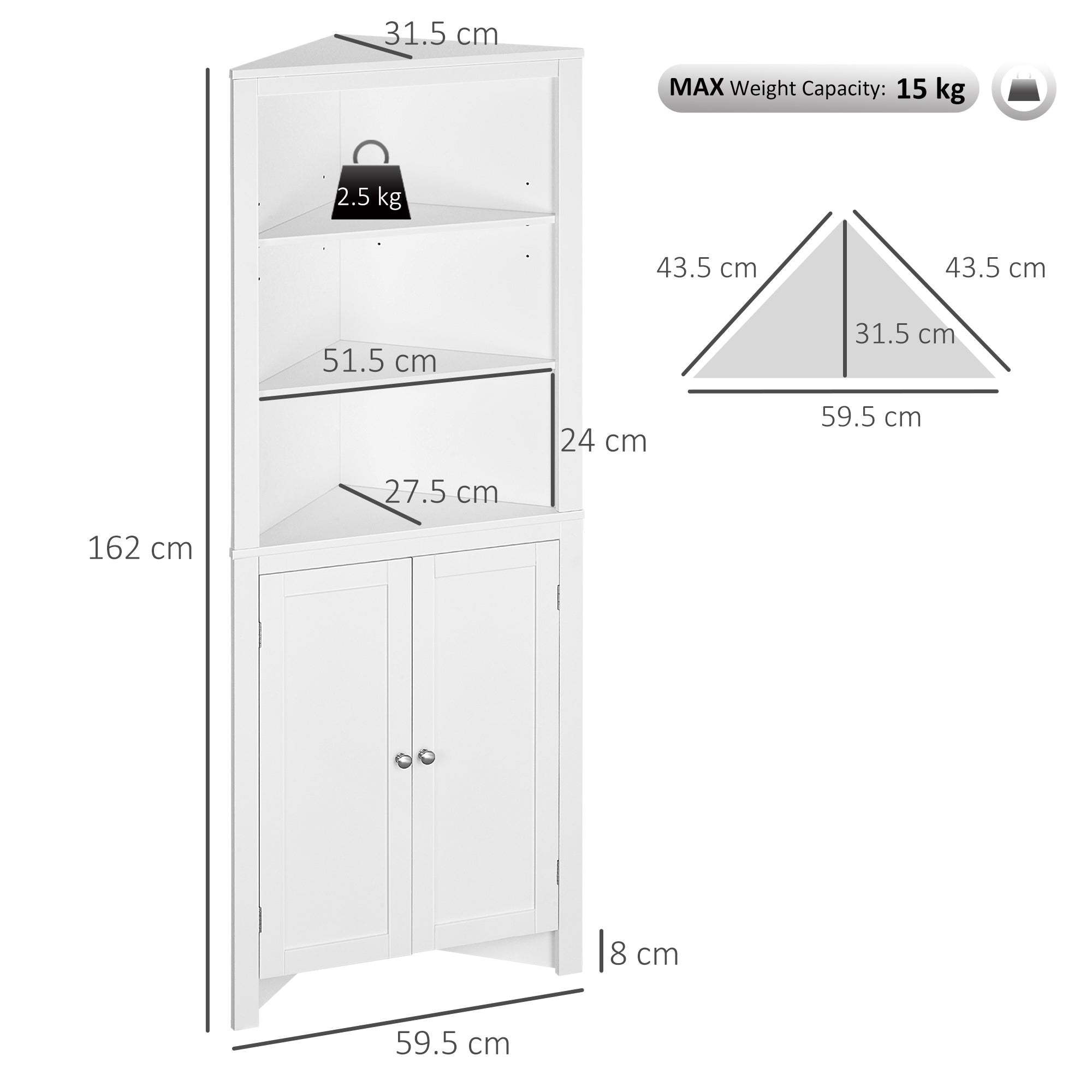 Kozy Triangle Bathroom Cabinet, Corner Bathroom Storage Unit with Cupboard and 3-Tier Shelves, Free Standing, White
