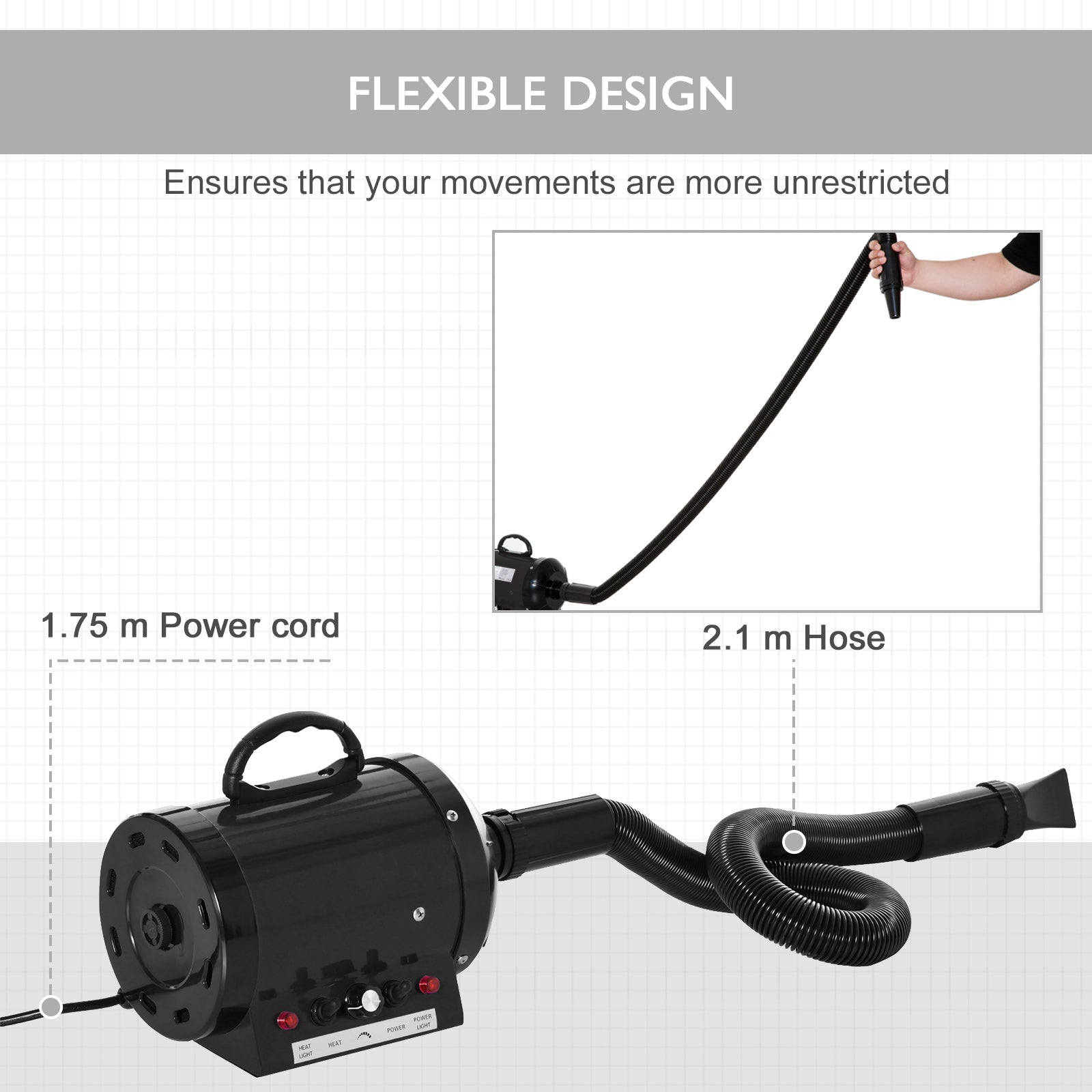 Kozy Dog Hair Dryer Pet Grooming Blaster Dryer Blower Adjustable Temperature Speed with 2.1M Flexible Hose 3 Nozzles - Black