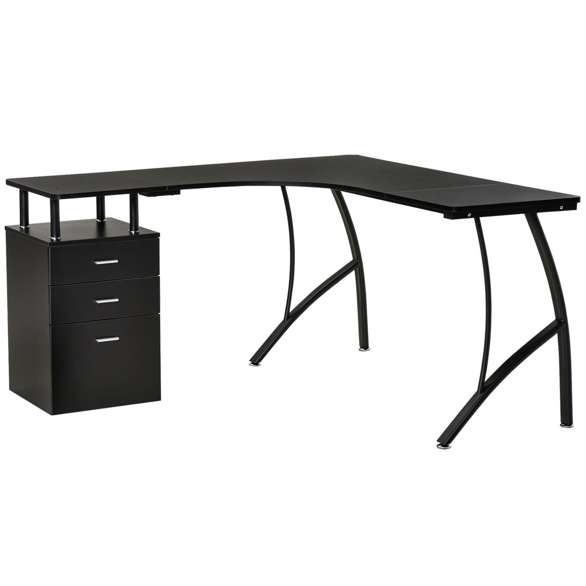 Kozy L-Shaped Computer Desk Table with Storage Drawer, Home Office Desk Corner Industrial Style Workstation for A4 Files 143.5 x 143.5 x 76cm, Black