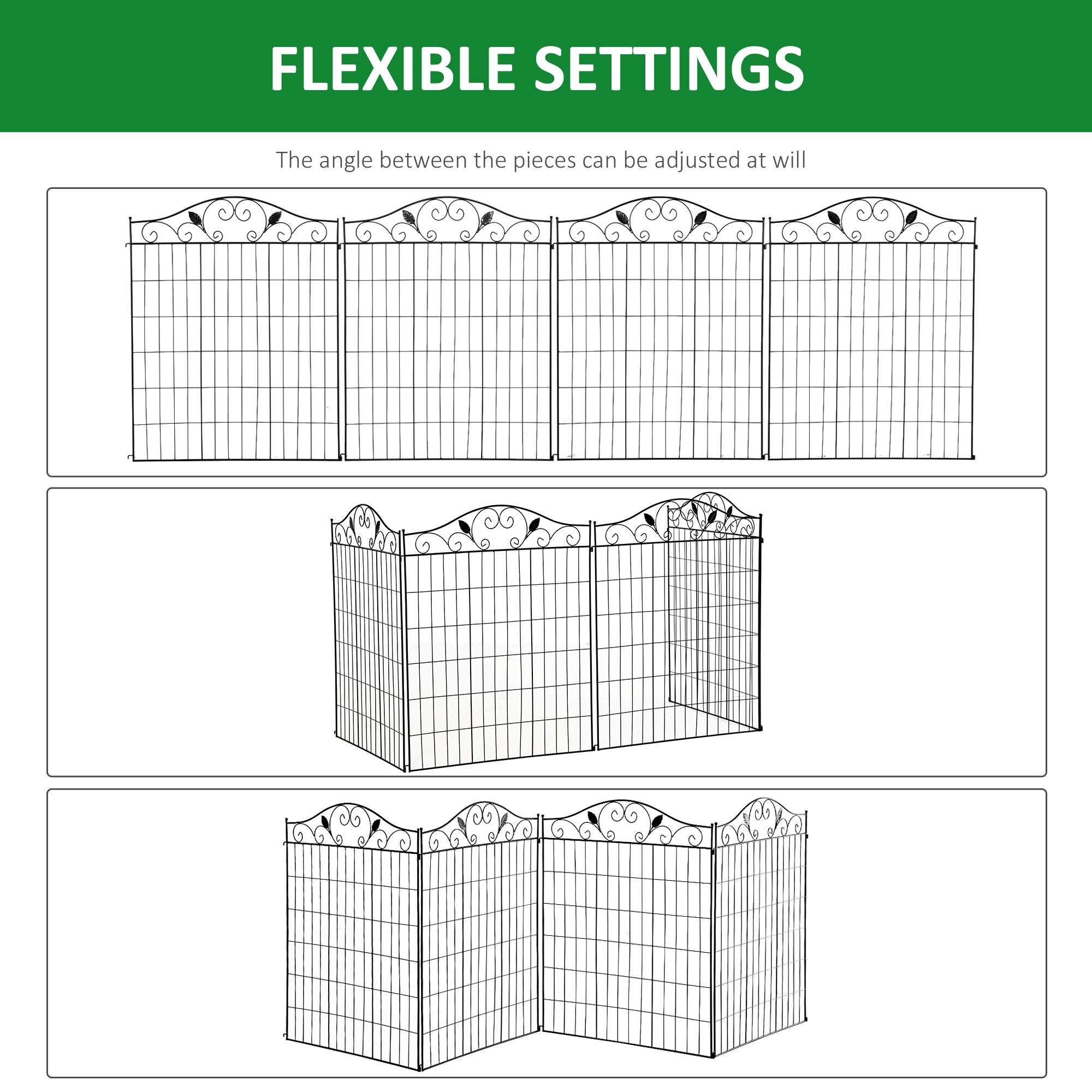Kozy - Set of 2 Decorative Garden Fence, 8 Panels Metal Picket Fence, Versatile Shapes for Patio Lawn, 365cm x 112cm, Black