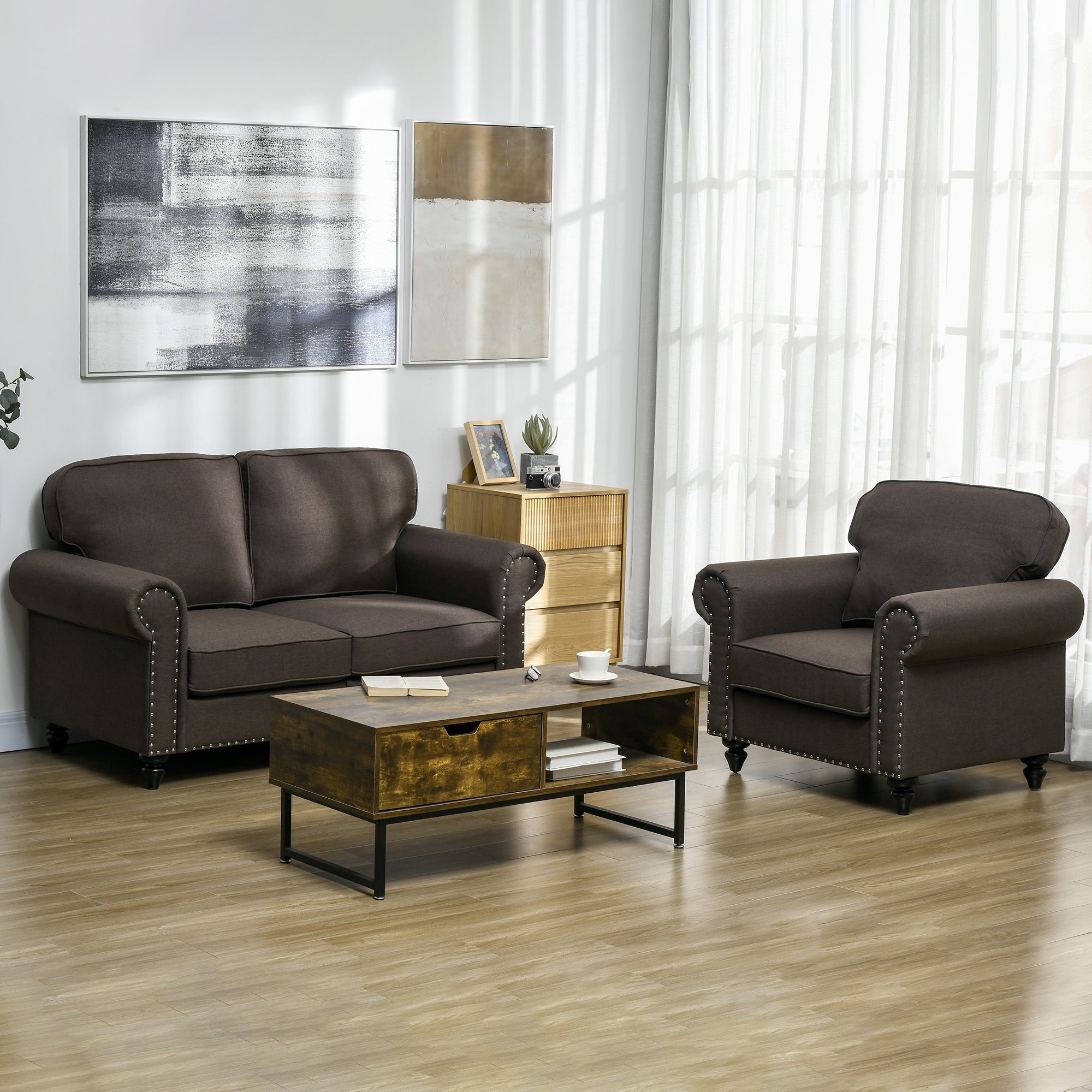 Mid-Century Armchair, HOMCOM Single Sofa with Pocket Springs - Dark Brown | Aosom UK