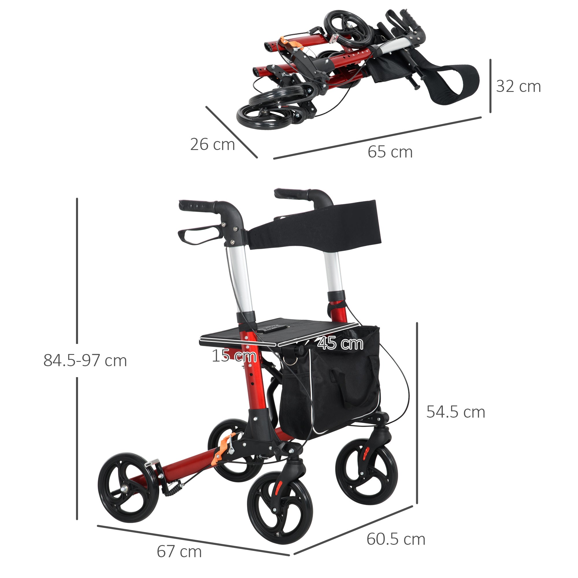HOMCOM Folding Rollator Walker w/ Seat & Backrest, Lightweight Walking Frame w/ Adjustable Handle Height, 4 Wheeled Walker, Red | Aosom UK
