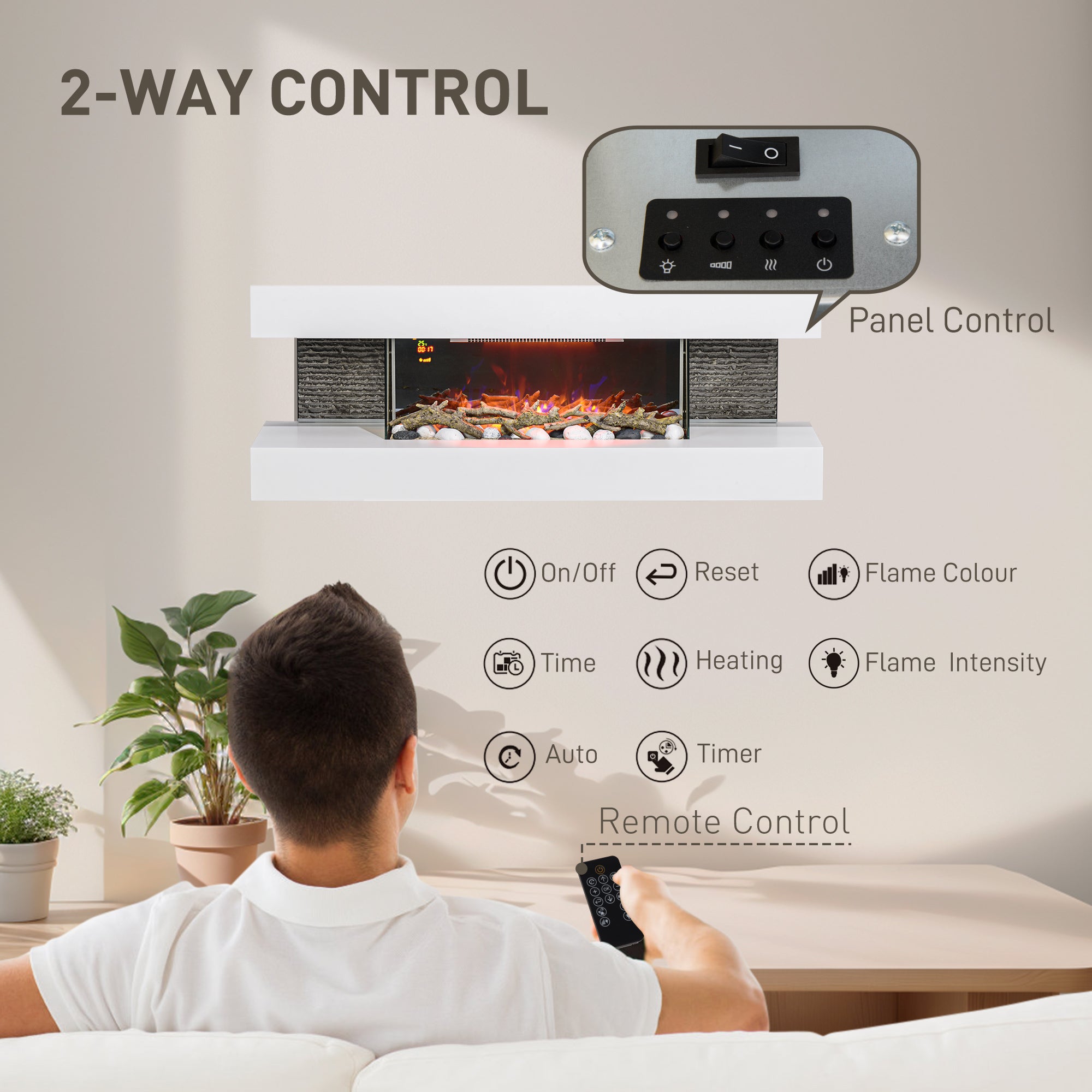 Kozy - 47inch / 120cm Electric Fireplace Wall Mounted, Freestanding, Glass Electric Fire Suite with Mantel, Adjustable LED Flame Effect and Temperature, Log, Pebble, Remote Control, 2000W, White