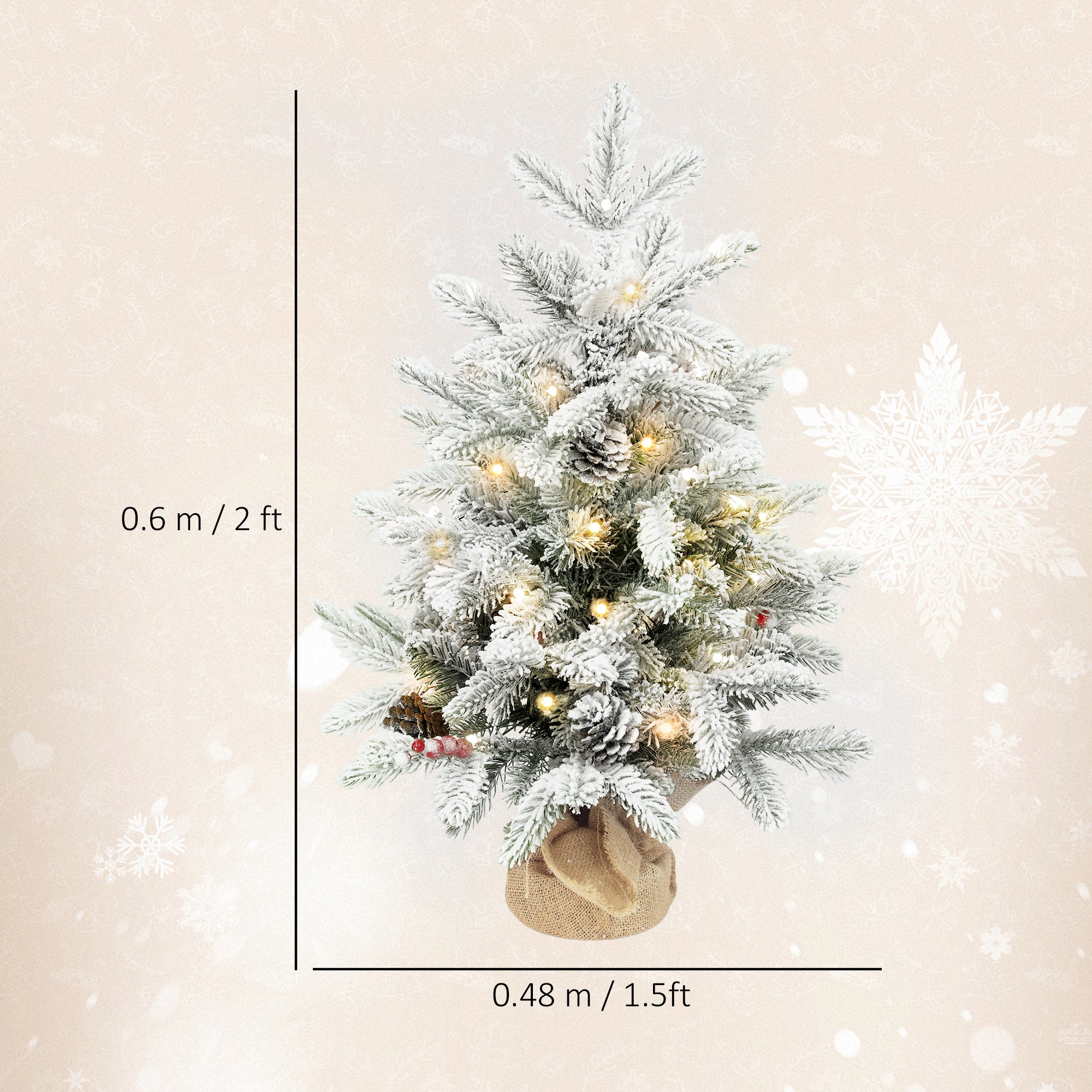 Kozy 60 cm Prelit Small Christmas Tree with 35 LED Lights, Snow Flocked Tabletop Mini Xmas Tree with Pine Cones, Berry Clusters and Linen Cover Base, Battery Operated, Green