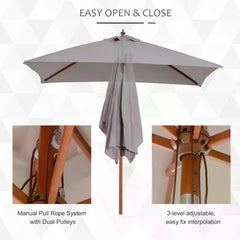 Outsunny 2m x 1.5m Patio Garden Parasol Sun Umbrella Sunshade Canopy Outdoor Backyard Furniture Fir Wooden Pole 6 Ribs Tilt Mechanism