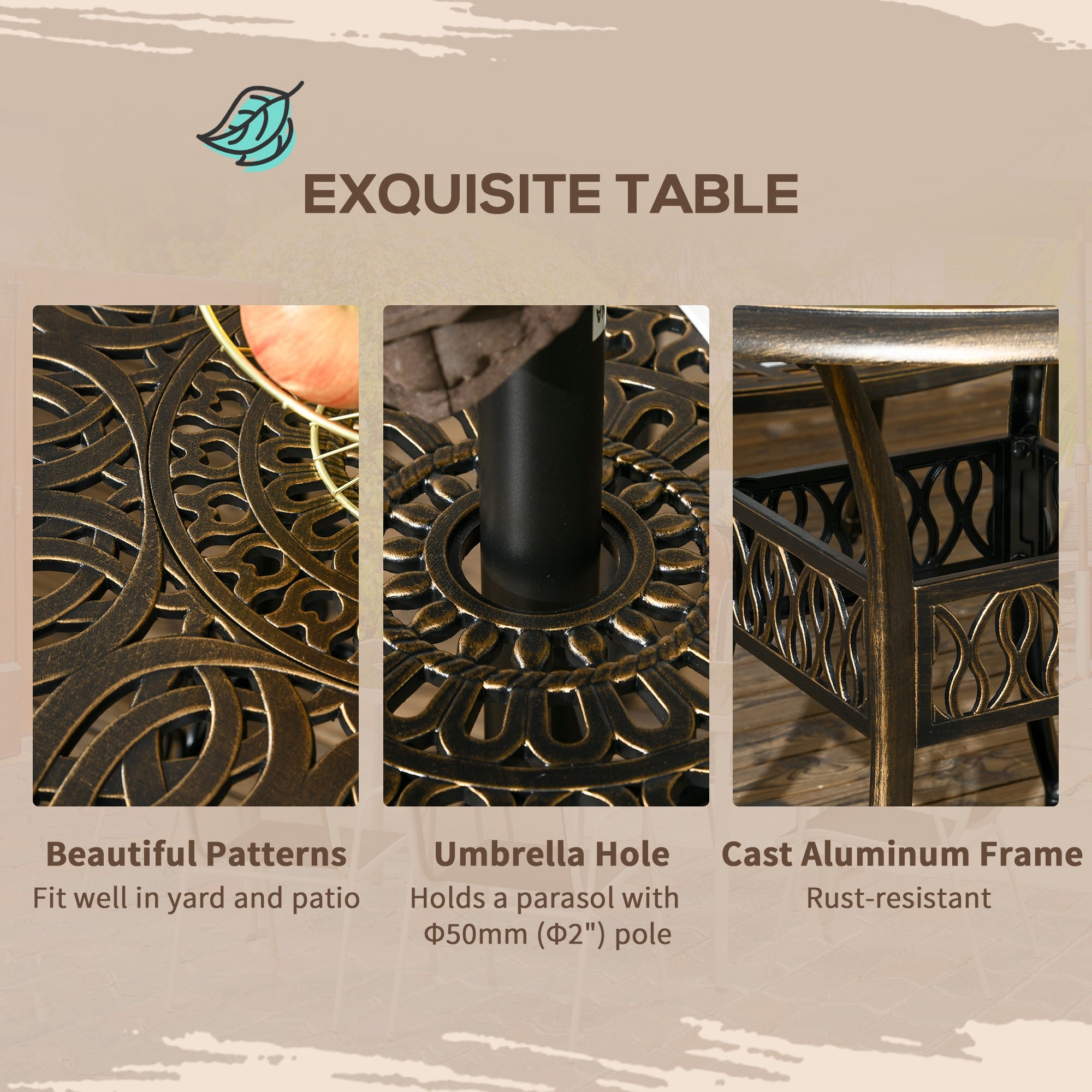 Kozy 5-Piece Outdoor Furniture Dining Set, Cast Aluminum Conversation Set Includes 4 Chairs and 90cm Round Table with 50mm Umbrella Hole for Patio Garden Deck, Flower Design