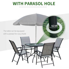 Outsunny 5pcs Classic Outdoor Dining Set Steel Frames w/ 4 Folding Chairs Glass Top Table Texteline Seats Parasol Hole Garden Dining Black Grey