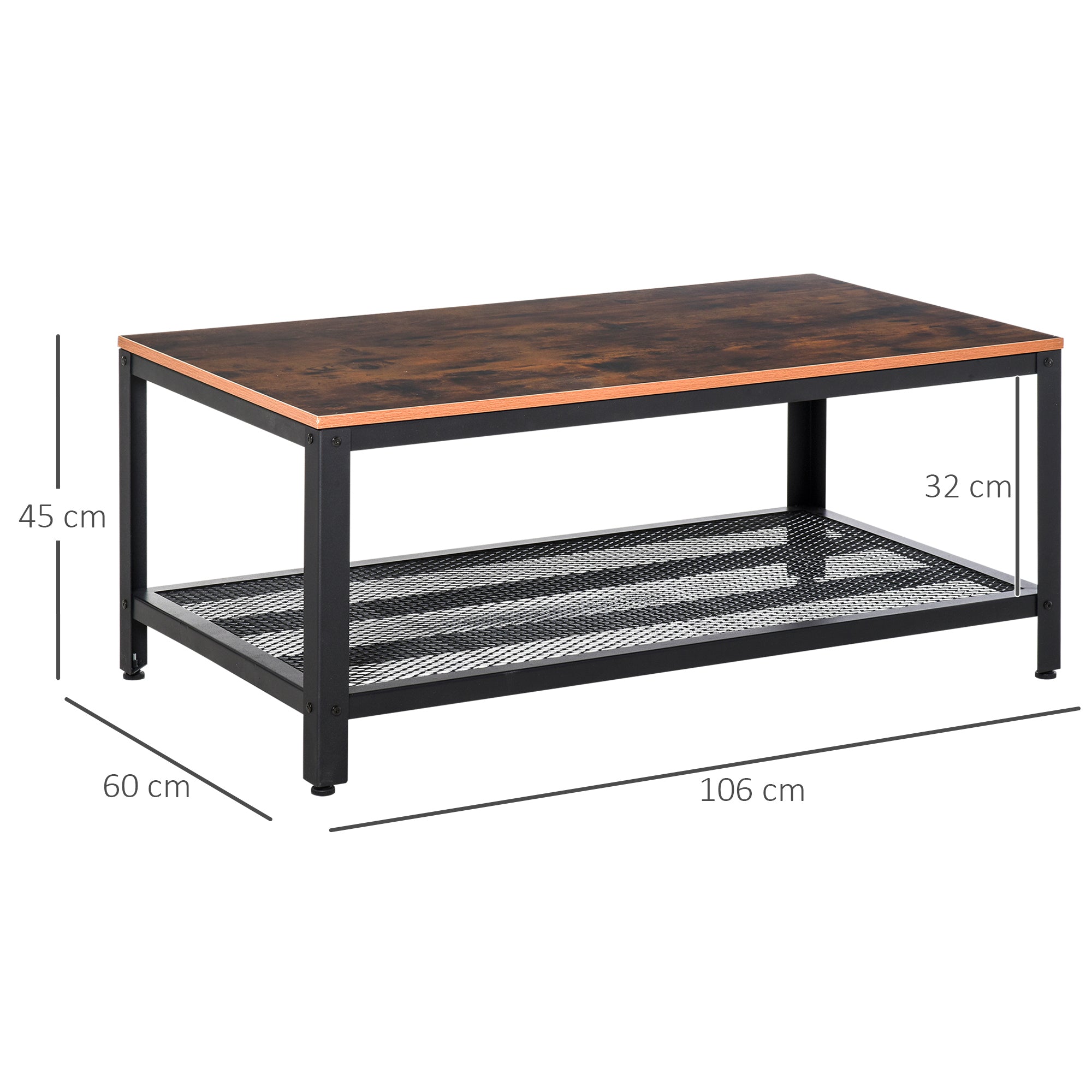Kozy Coffee Table Industrial Side Table Living Room Table with Storage Shelf and Metal Frame for Home Office, 106L x 60W x 45Hcm