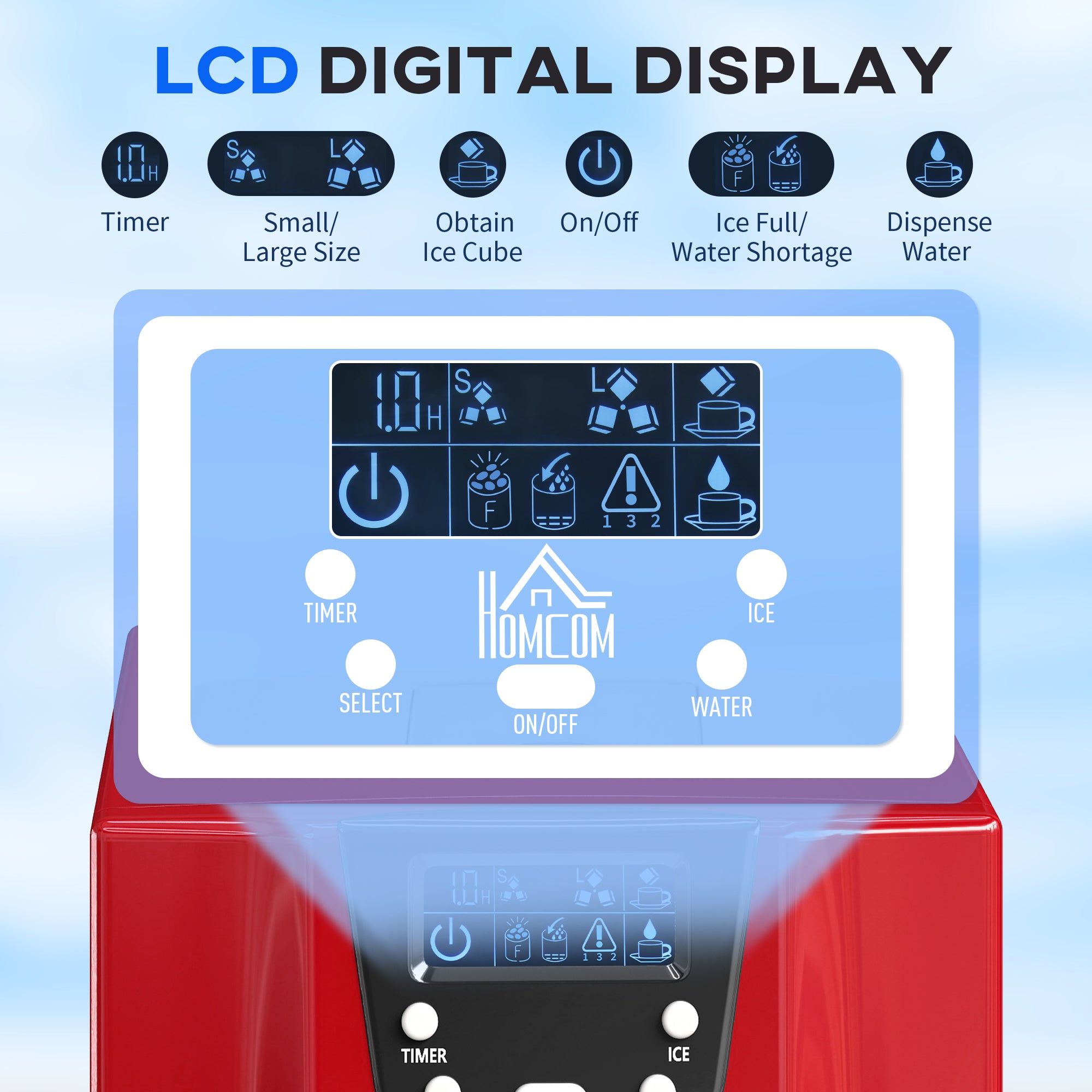 Kozy - 3L Ice Maker Machine and Water Dispenser, 12kg in 24H, 2 Sizes 9 Ice Cubes Ready in 6-10 Mins Ice Machine, Red