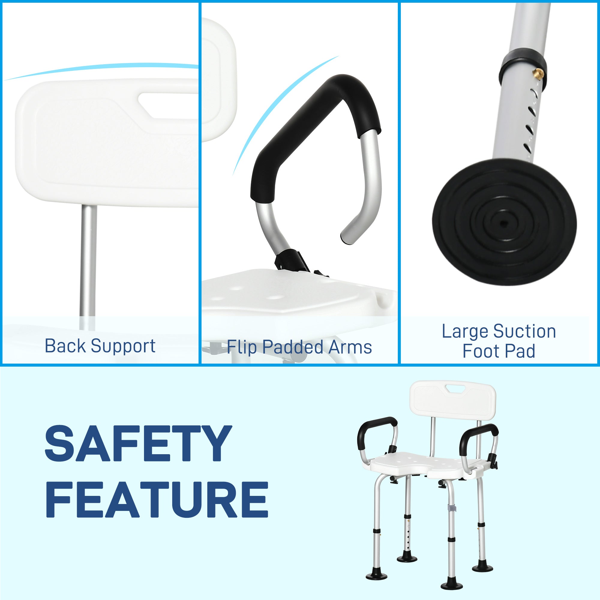 Kozy Shower Chair for the Elderly and Disabled, Height Adjustable Shower Stool with Back and Flipped Padded Arms, Suction Foot Pads, White