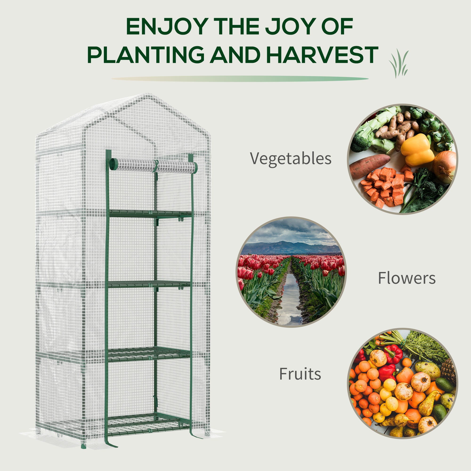 Kozy 4 Tier Mini Greenhouse, Portable Compact Green House with Steel Frame, PE Cover, Roll-up Door, 70 x 50 x 160 cm, White