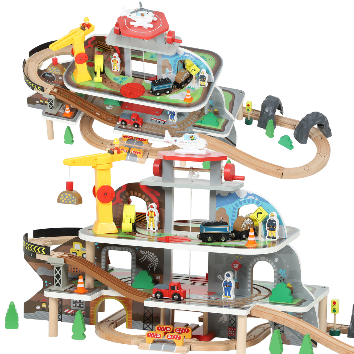 Kozy 79 Piece Wooden Train Set, Kids Train Track Mine Themed with Crane, Helicopter