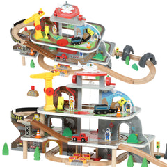 Kozy 79 Piece Wooden Train Set, Kids Train Track Mine Themed with Crane, Helicopter