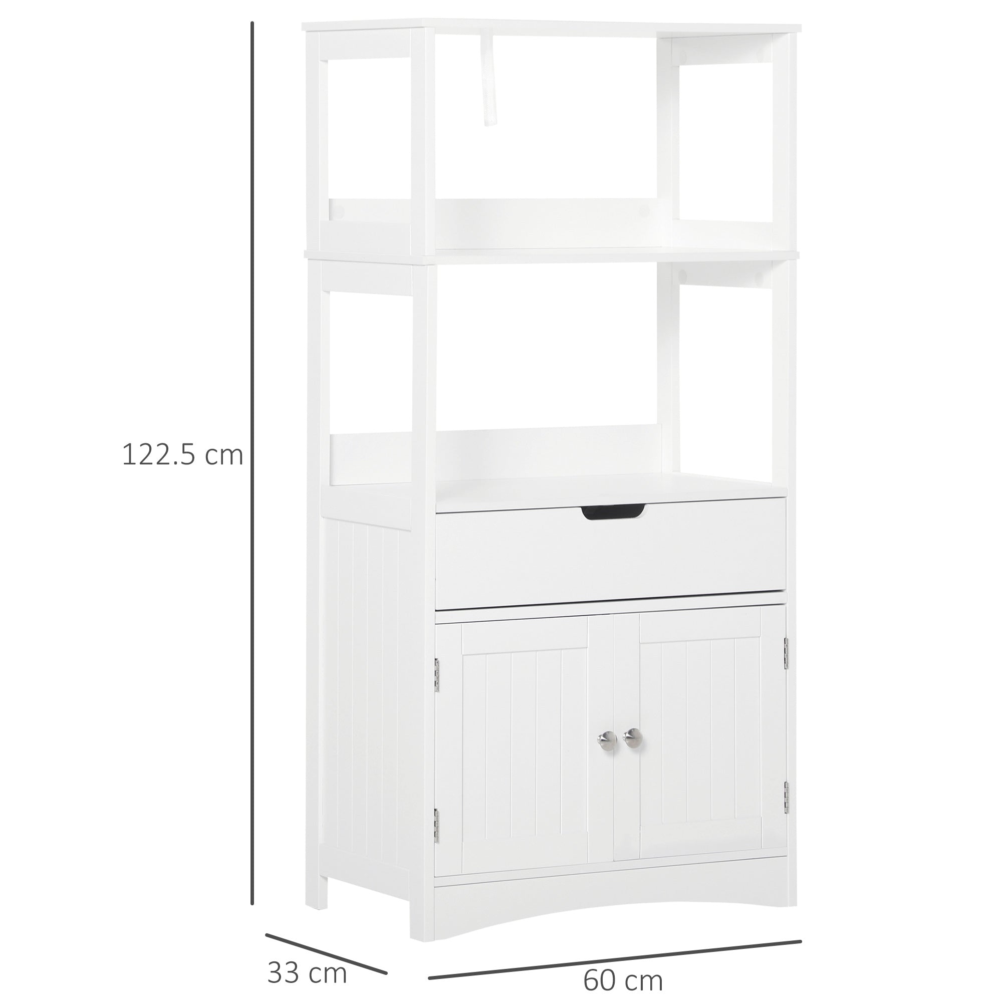 Kozy Bathroom Floor Cabinet, Free Standing Kitchen Cupboard with Shelves, Drawer and Doors, Storage Organizer for Living Room, White