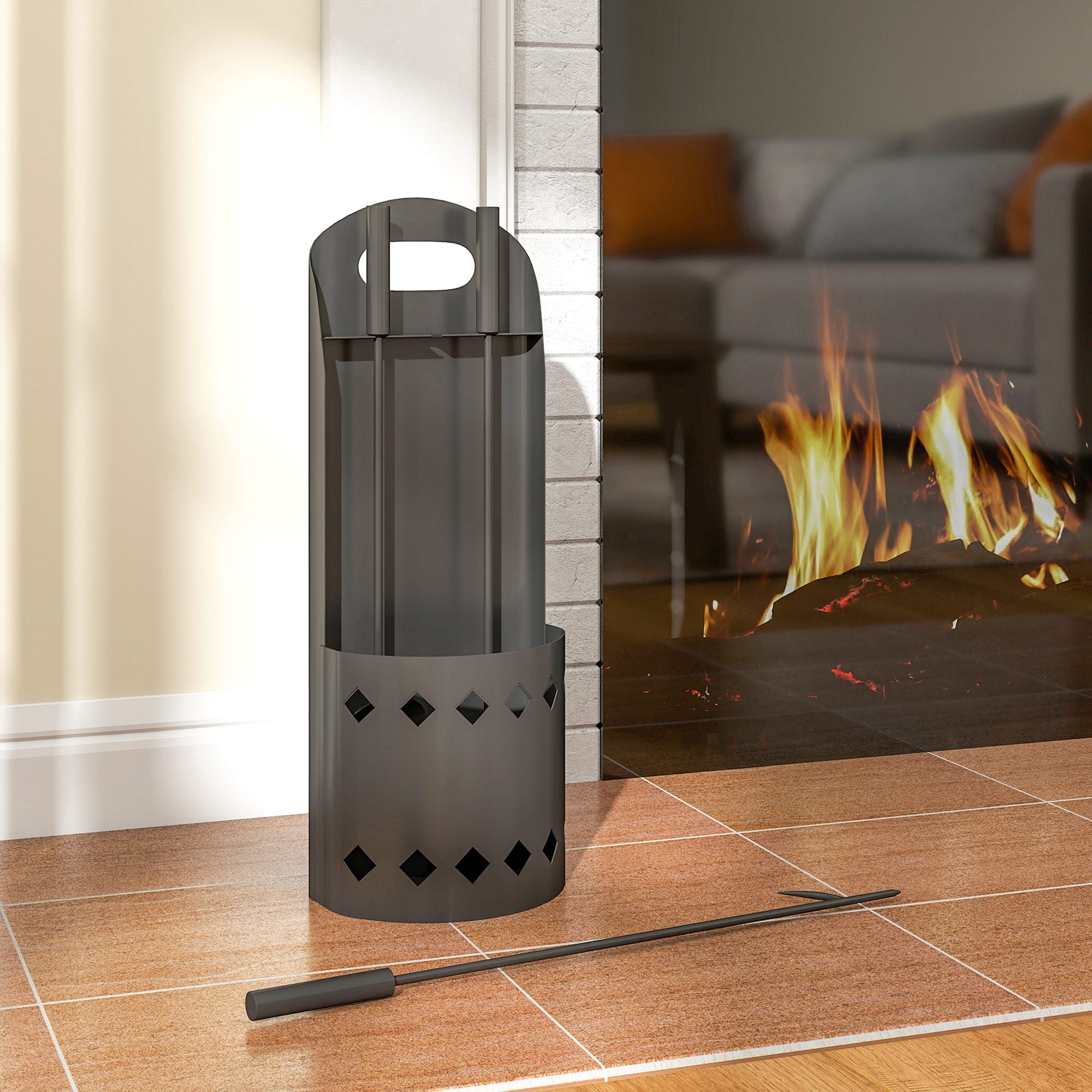 Kozy - 4 Pieces Fireplace Companion Set, Metal Fireplace Accessories Fireside Companion Set with Broom, Shovel, Poker, Bucket, Black