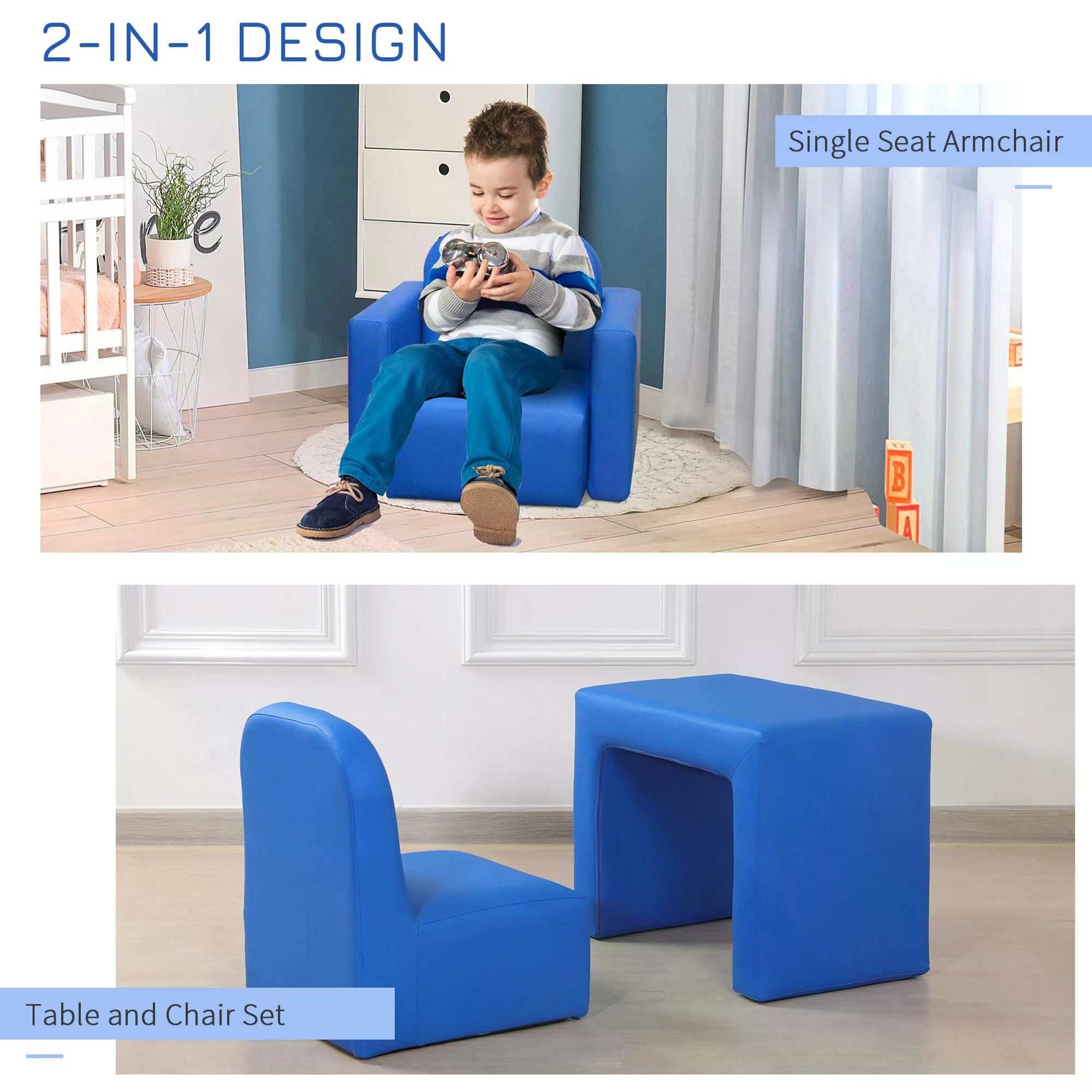 HOMCOM Kids Mini Sofa 3 in 1 Table Chair Set Children Armchair Seat Relax Game Playroom Seater Girl Boys Blue