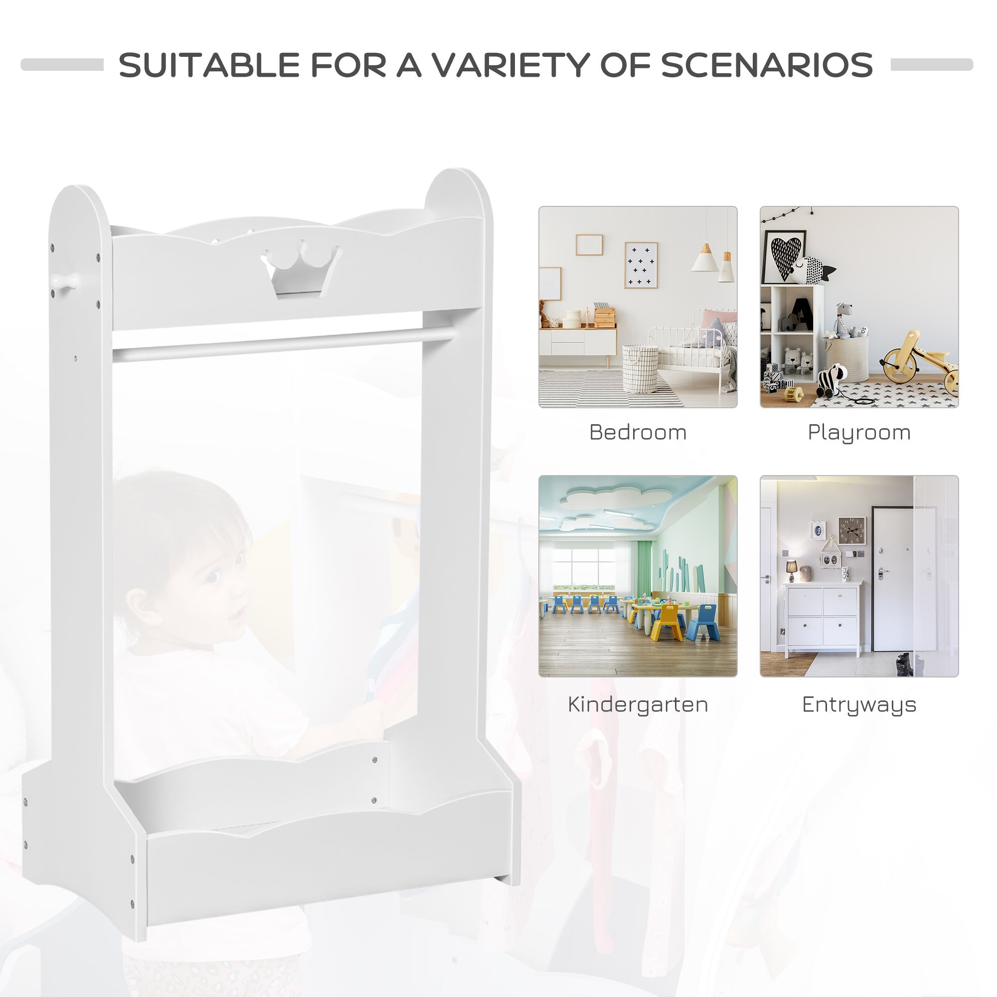 HOMCOM Kids Wood Clothes Rack Hall Tree with Storage Shelves Children Garment Rack Freestanding Wardrobe for 3-8 Years Toddler, White | Aosom UK