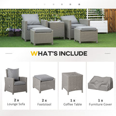 Kozy 5 Pieces Outdoor PE Rattan Garden Furniture with Cushions, Patio Lounge Adjustable Backrest Chairs, Footstools and Cooler Bar Coffee Table & Cover, Grey