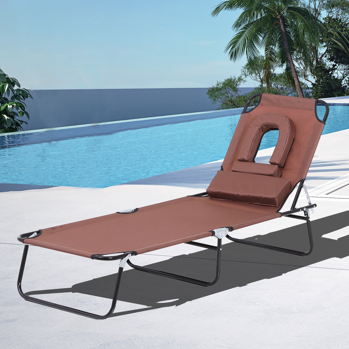 Outsunny Sun Lounger with Pillow and Reading Hole, Foldable Reclining Chair, Garden Beach Outdoor Recliner, Adjustable, Brown