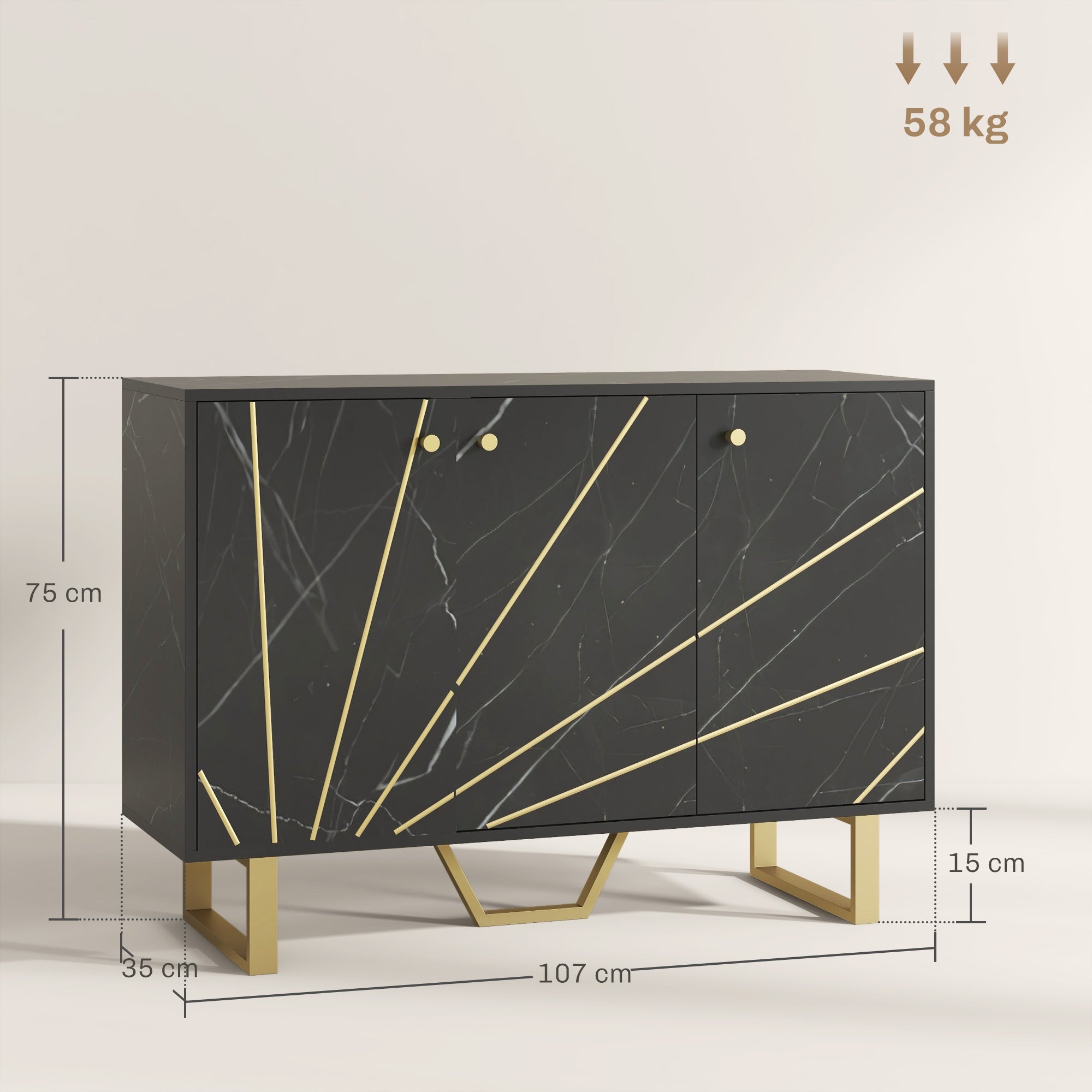 Kozy - Sideboard Storage Cabinet, Modern Storage Cupboard with Adjustable Shelves and Metal Legs for Living Room, Kitchen, Dining Room, Entryway, Black Marble Tone