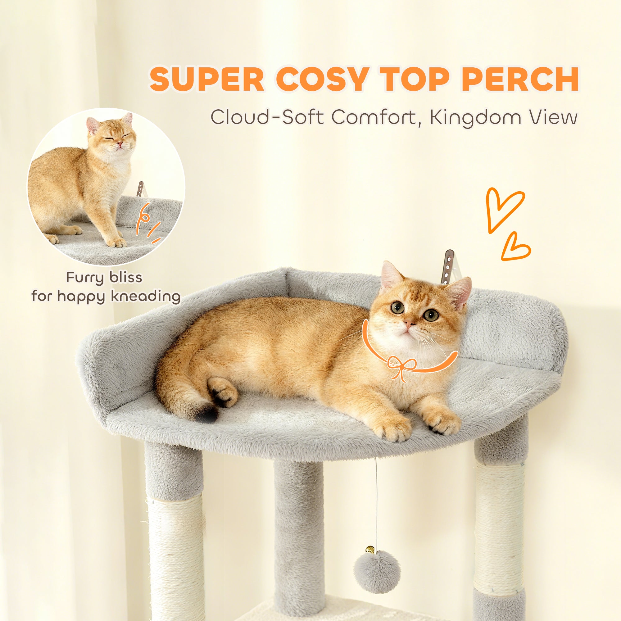 Kozy 170 cm Large Cat Tree, Cat Tower with 7 Scratching Posts, Tunnel, 2 Condos, Hammock, Perch, Ramp, Pompoms, Light Grey