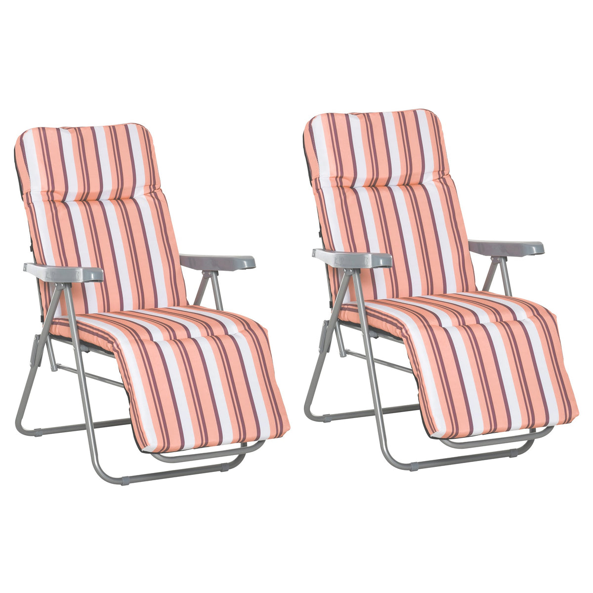 Kozy Reclining Garden Chair Set of 2, 5-Level Adjustable Zero Gravity Chairs with Cushions, Folding Sun Lounger Garden Recliner Chairs with Armrests for Outdoor, Patio, Orange Stripe