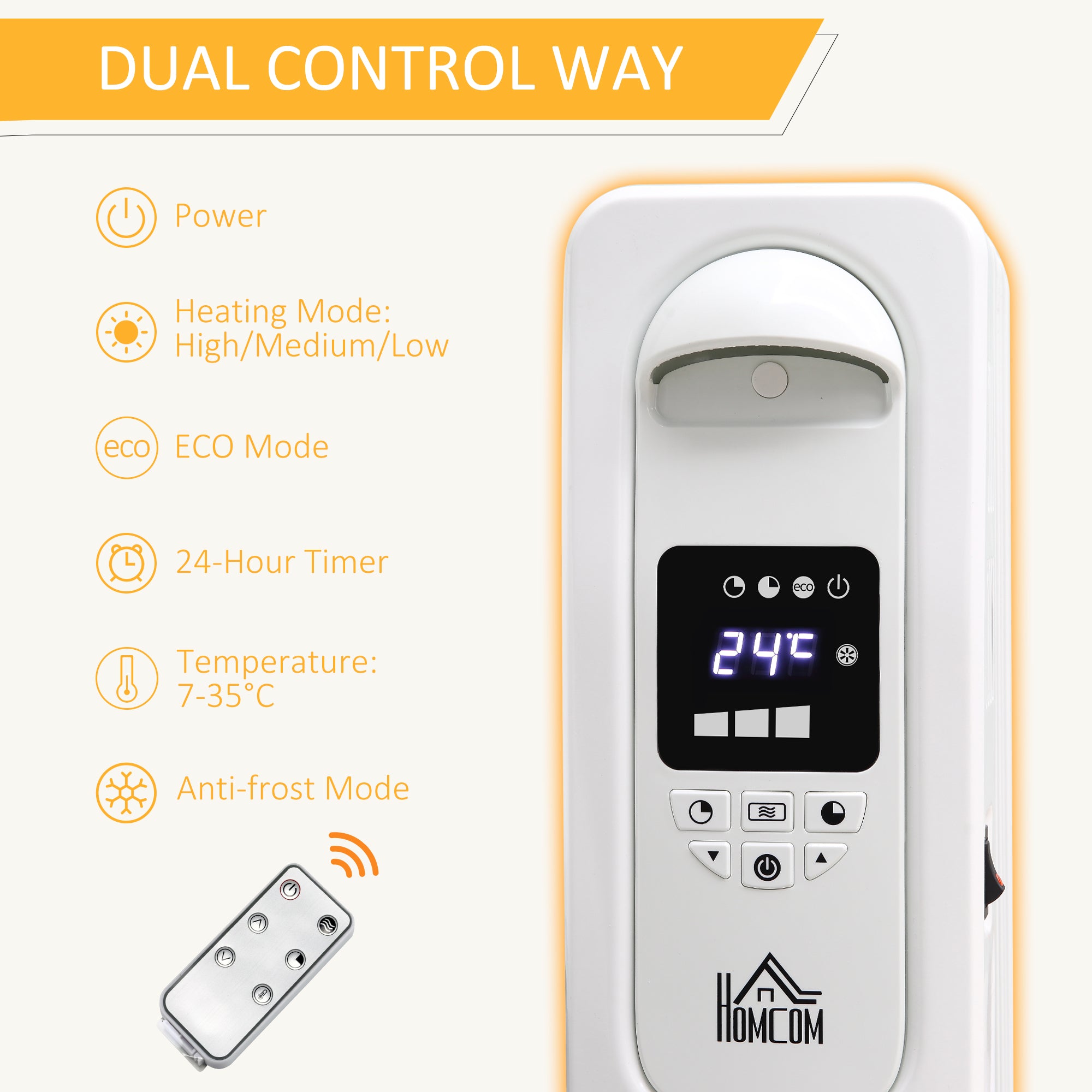 Kozy 1500W Digital Oil Filled Radiator, 7 Fin, Portable Electric Heater with LED Display, Built-in Timer, 3 Heat Settings, Safety Cut-Off and Remote Control, White