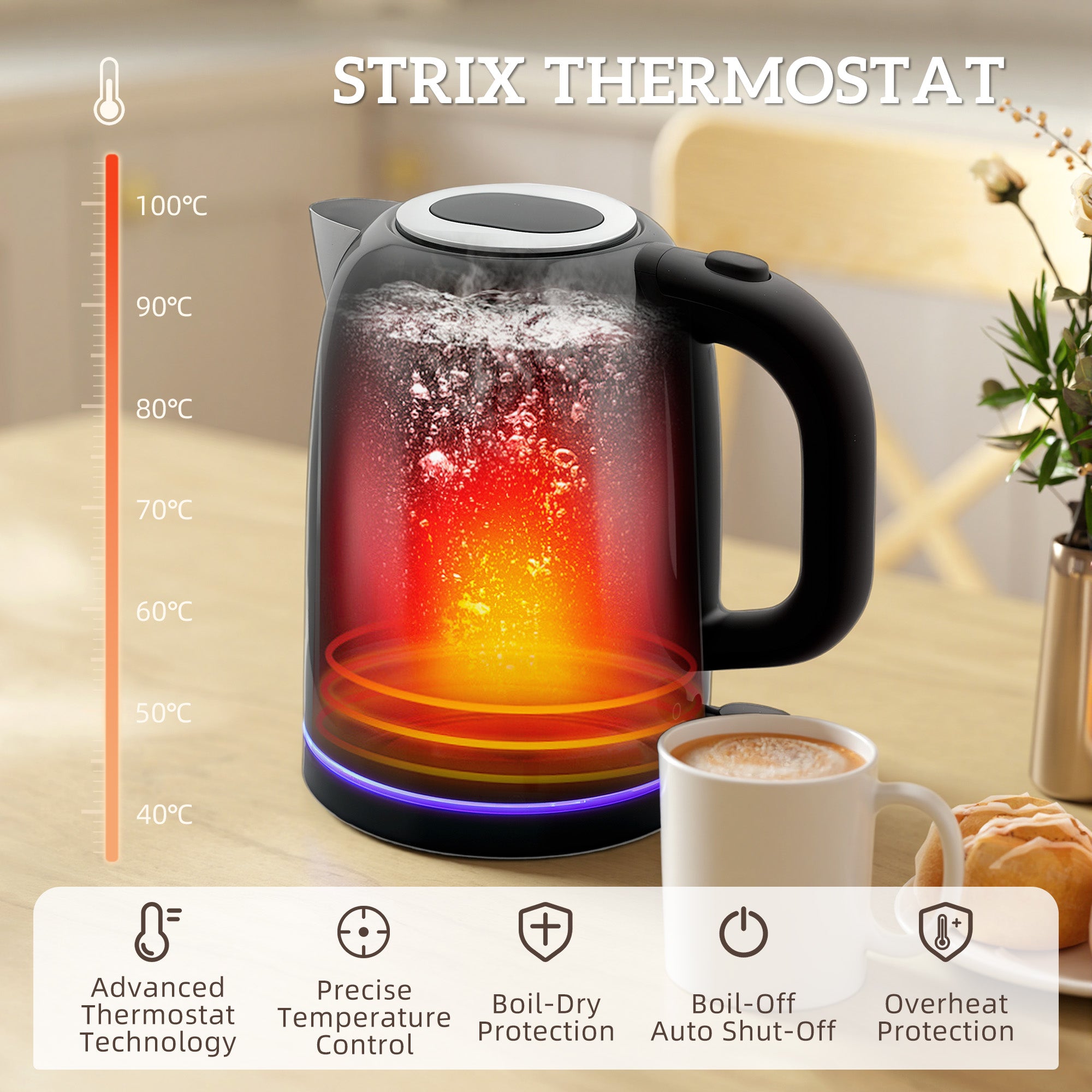 Kozy Kettle and Toaster Set, 1.7L 3000W Rapid Boil Jug Kettle with Strix Thermostat, Limescale Filter, 4 Slice Toaster with 7 Browning Controls, Crumb Tray, Black