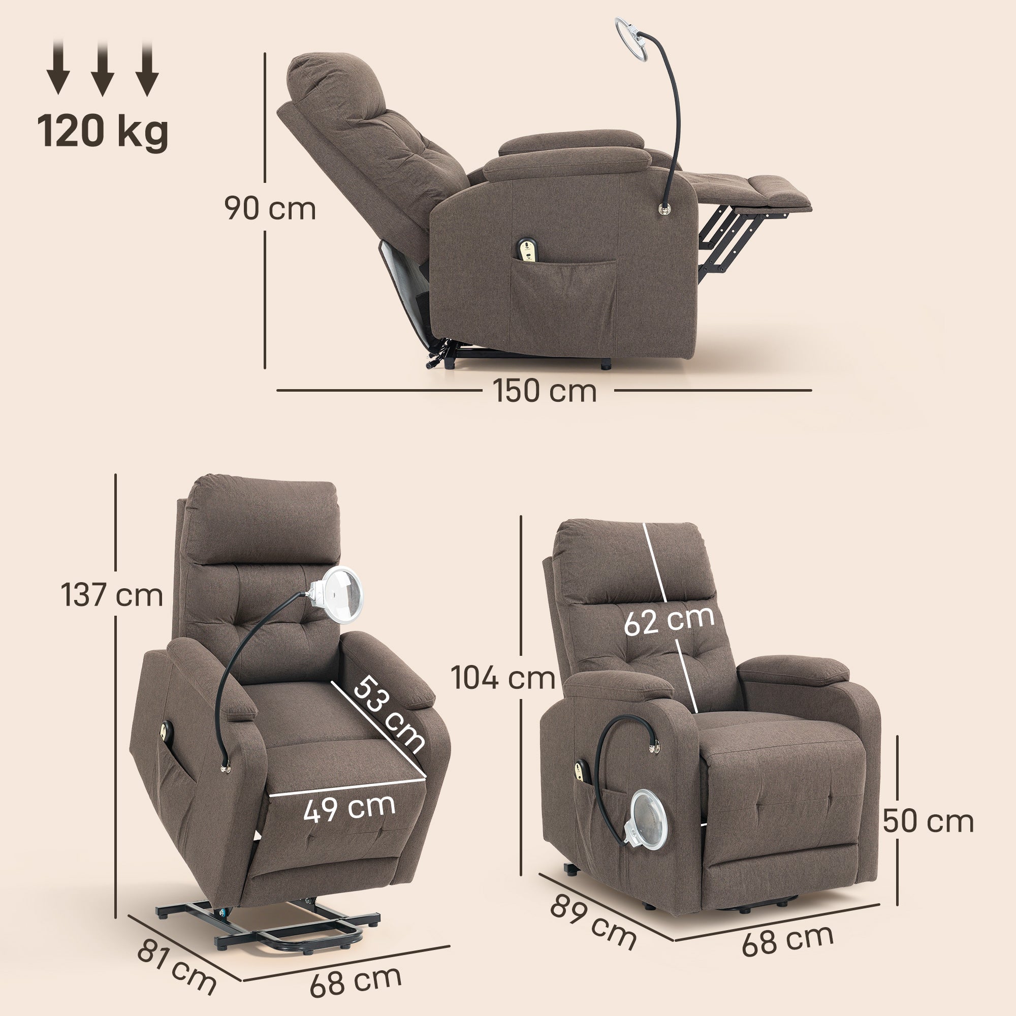 Kozy - Electric Rise/Recline Armchair, with Reading Light - Brown