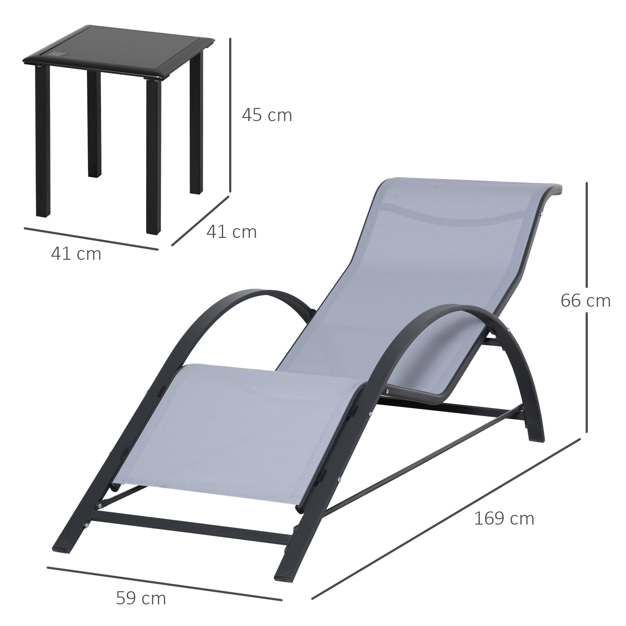Kozy 3 Pieces Lounge Chair Set Metal Frame Garden Outdoor Recliner Sunbathing Chair with Table, Light Grey