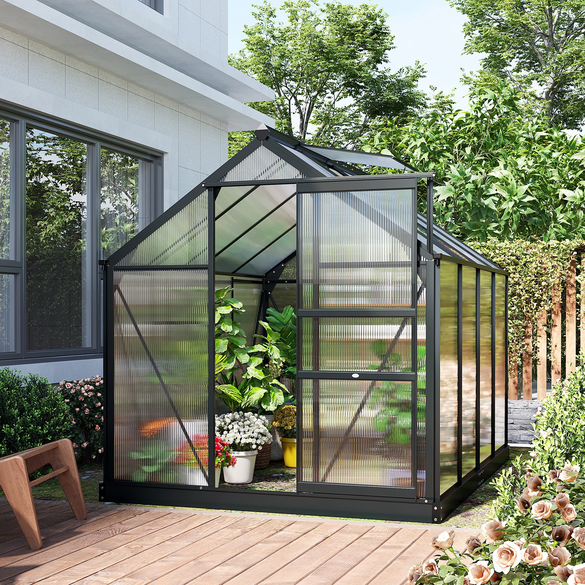 Kozy 6 x 8ft Polycarbonate Greenhouse, Large Walk-In Green House with Slide Door and Window, Garden Plants Grow House with Aluminium Frame and Foundation, Grey