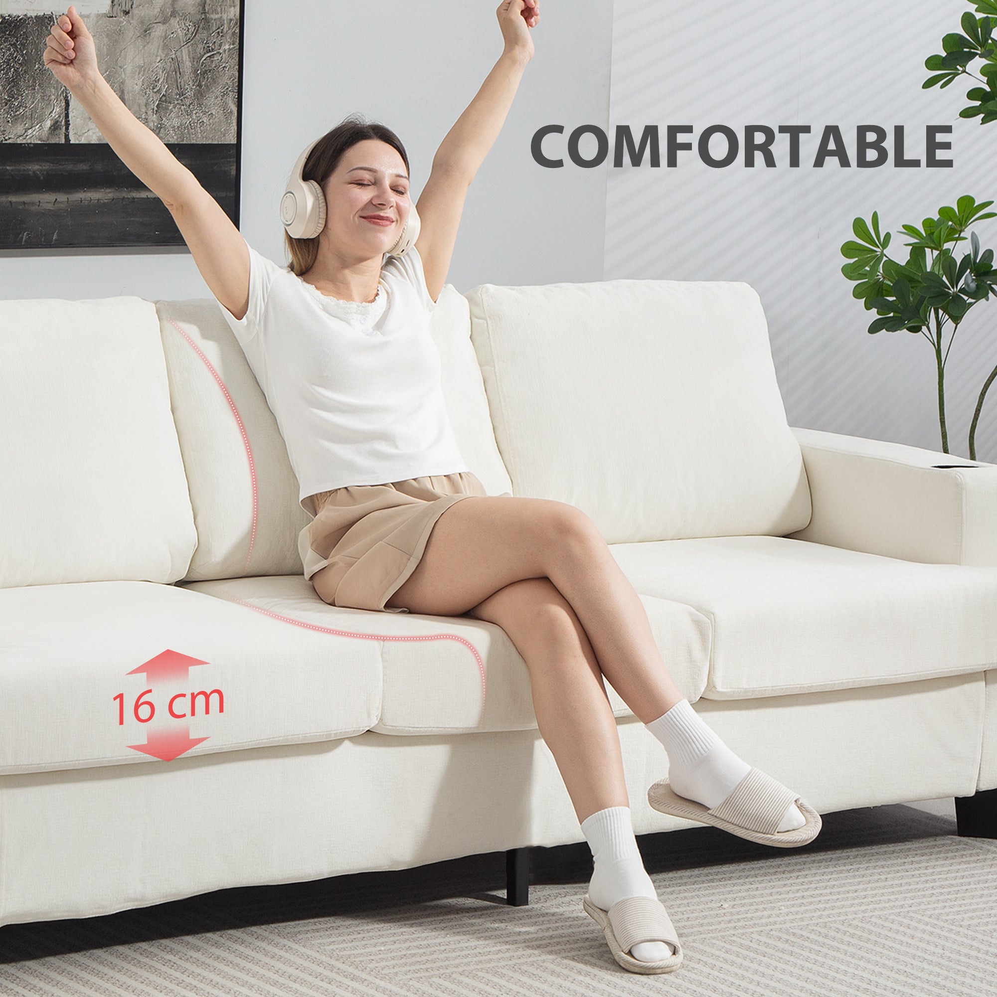 Kozy - 3 Seater Sofa with USB Ports & Cup Holders - Cream White