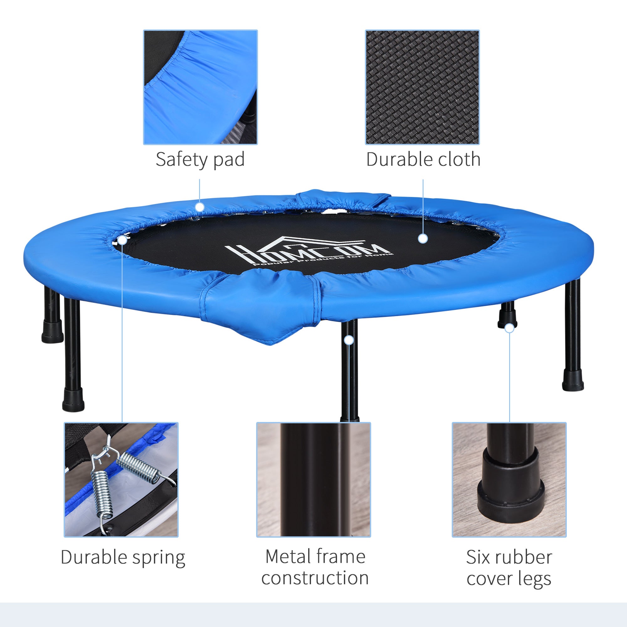 Kozy 38" Mini Fitness Trampoline Home Gym Yoga Exercise Rebounder Indoor Outdoor Jumper with Safety Pad, Support Up to 150 KG, Blue and Black