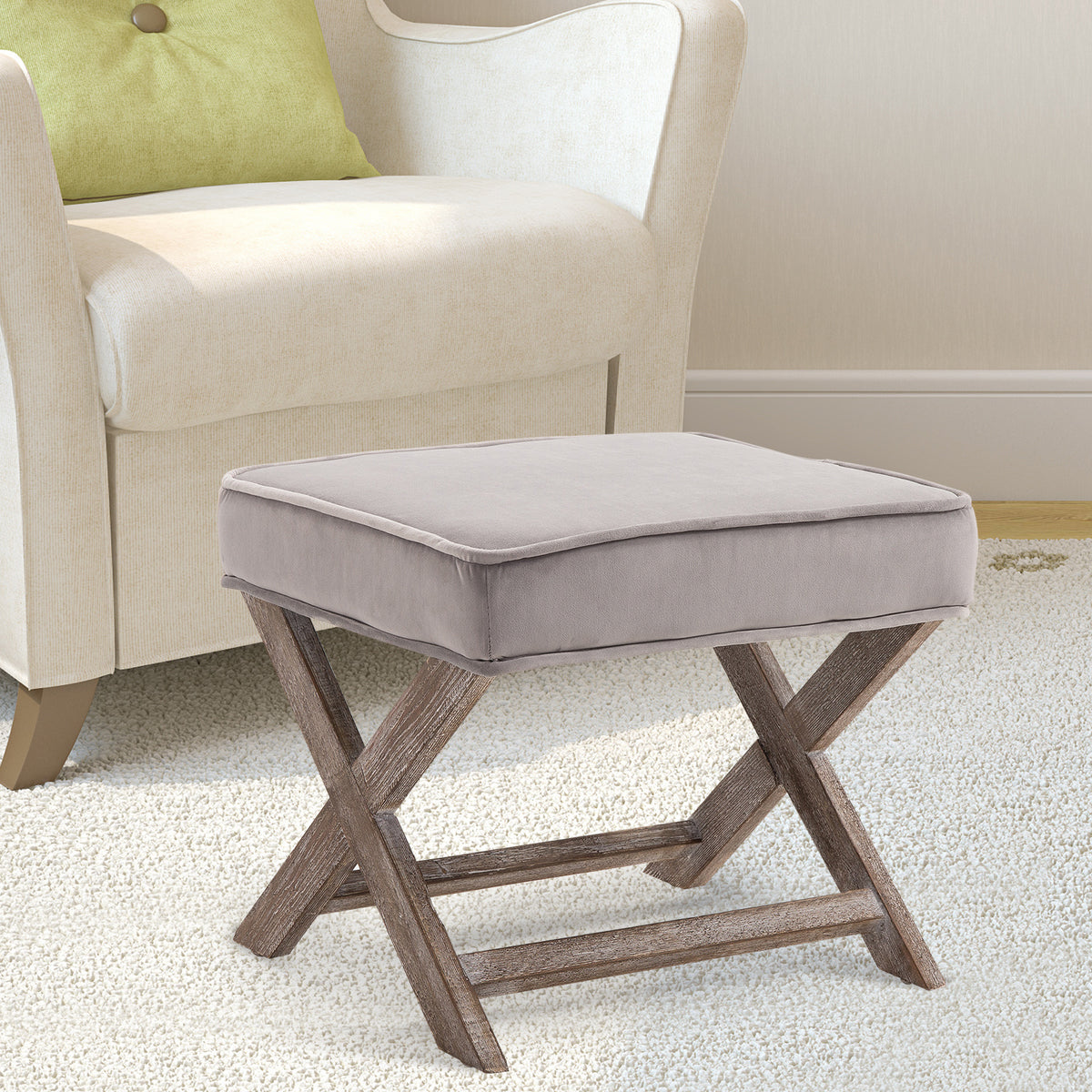 HOMCOM Padded Footstool with Velvet Cover and X Leg Chair, Shabby Chic Footrest, Solid Rubber Wood, 49.5 x 45 x 41 cm, Grey